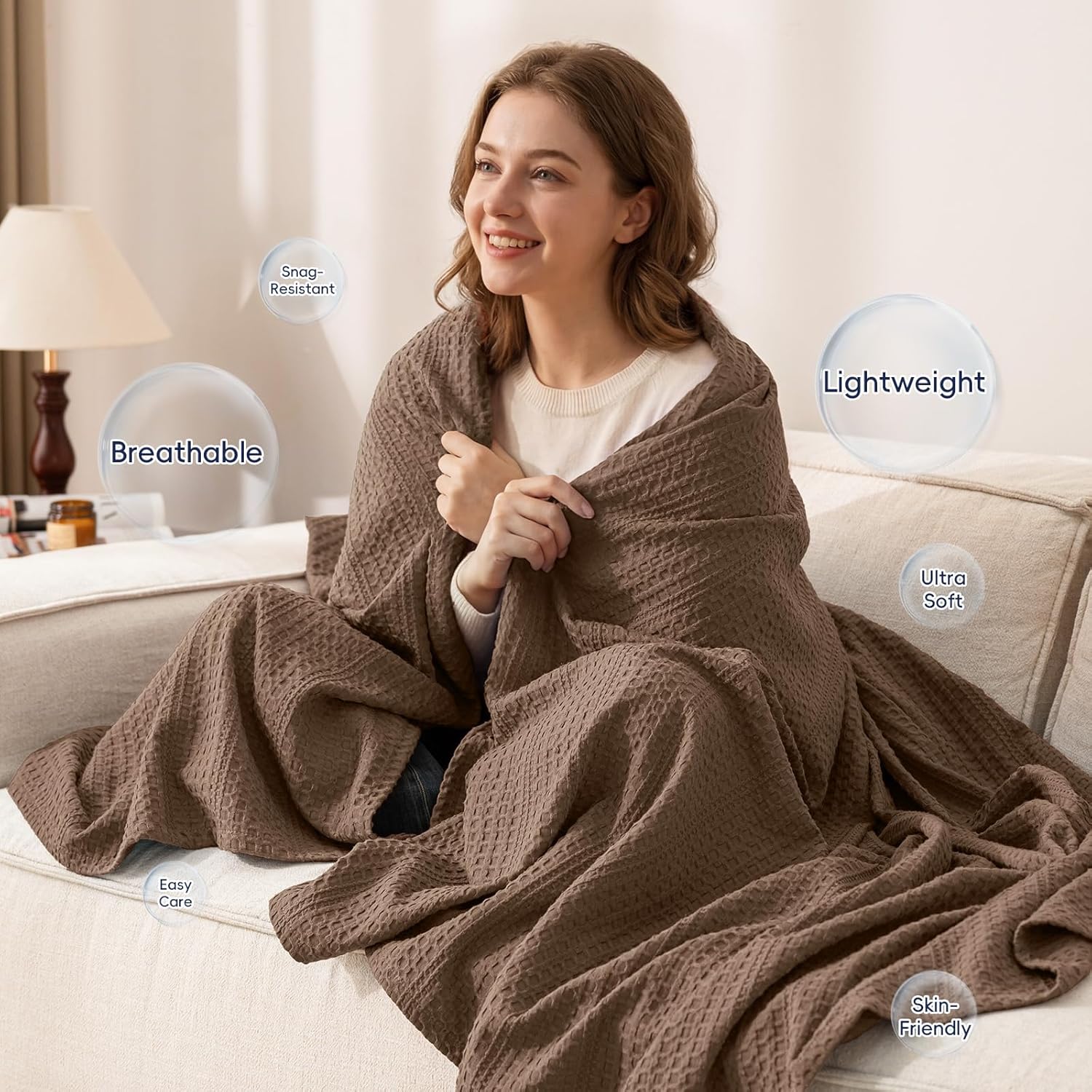 PHF Lightweight Waffle Weave Blanket Queen Size 90"x 90", Soft Woven Summer Blanket for Hot Sleepers - Aesthetic Home Decor for Couch Bed Sofa, Pet Friendly, Cocoa Brown - Image 3