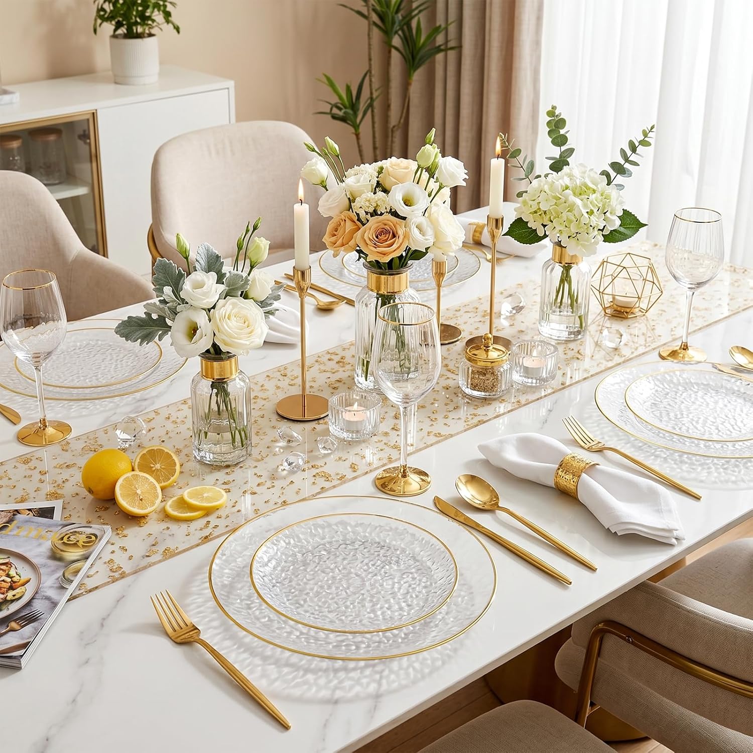 Rubtlamp 60Pcs Clear Plastic Plates,Clear Disposable Plates With Gold Rim,Heavy-duty Gold Plates,Hammered Party Plates Include 30Clear Dessert-Platos,30Dinner-Platos for Wedding, Party - Image 6