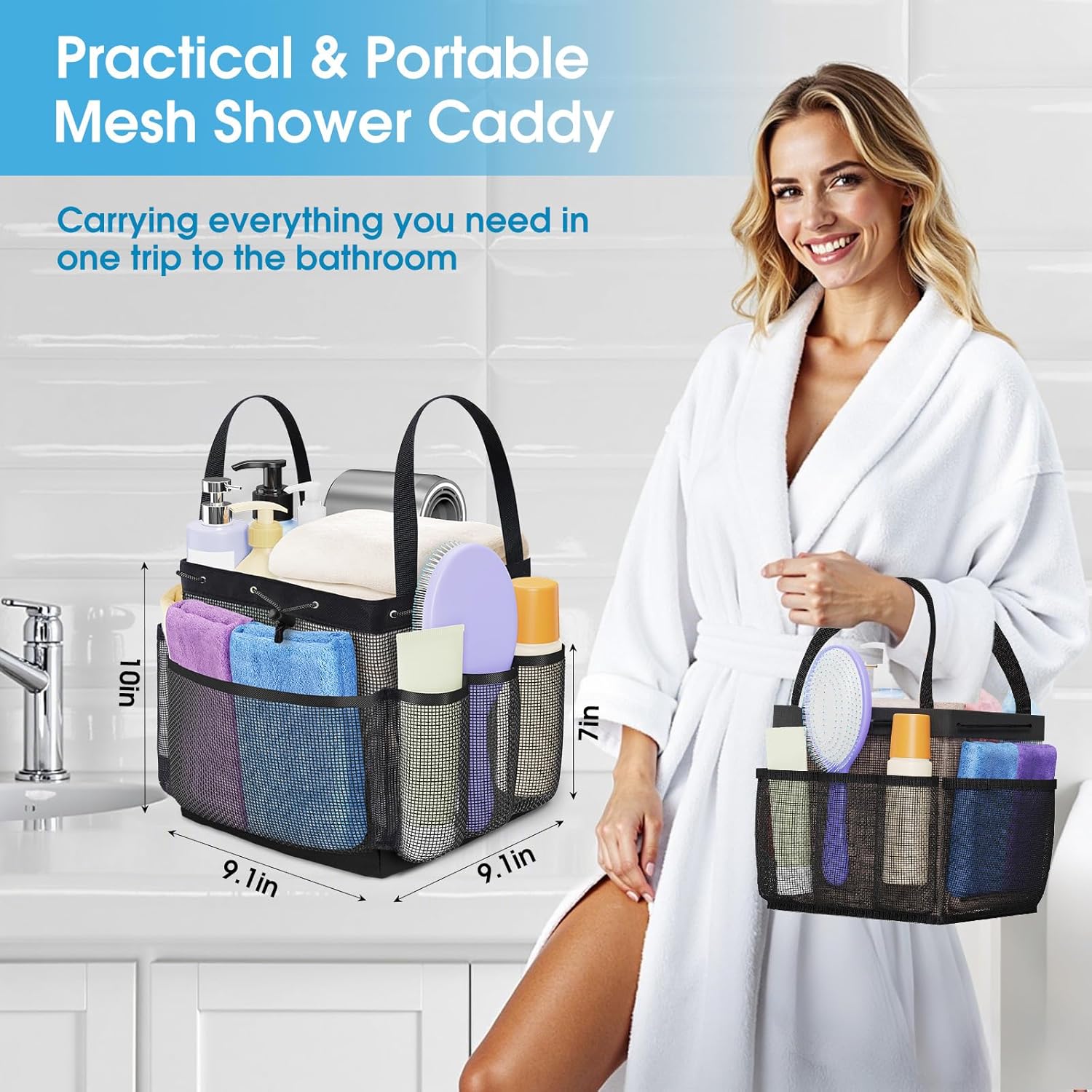 Large Mesh Shower Caddy Portable with Drawstring, 1 Main Compartment+ 7 Pockets, College Dorm Room Essentials for Girls, Shower Organizer Hanging Bag for Beach, Swim, Gym, Travel(Black) - Image 6