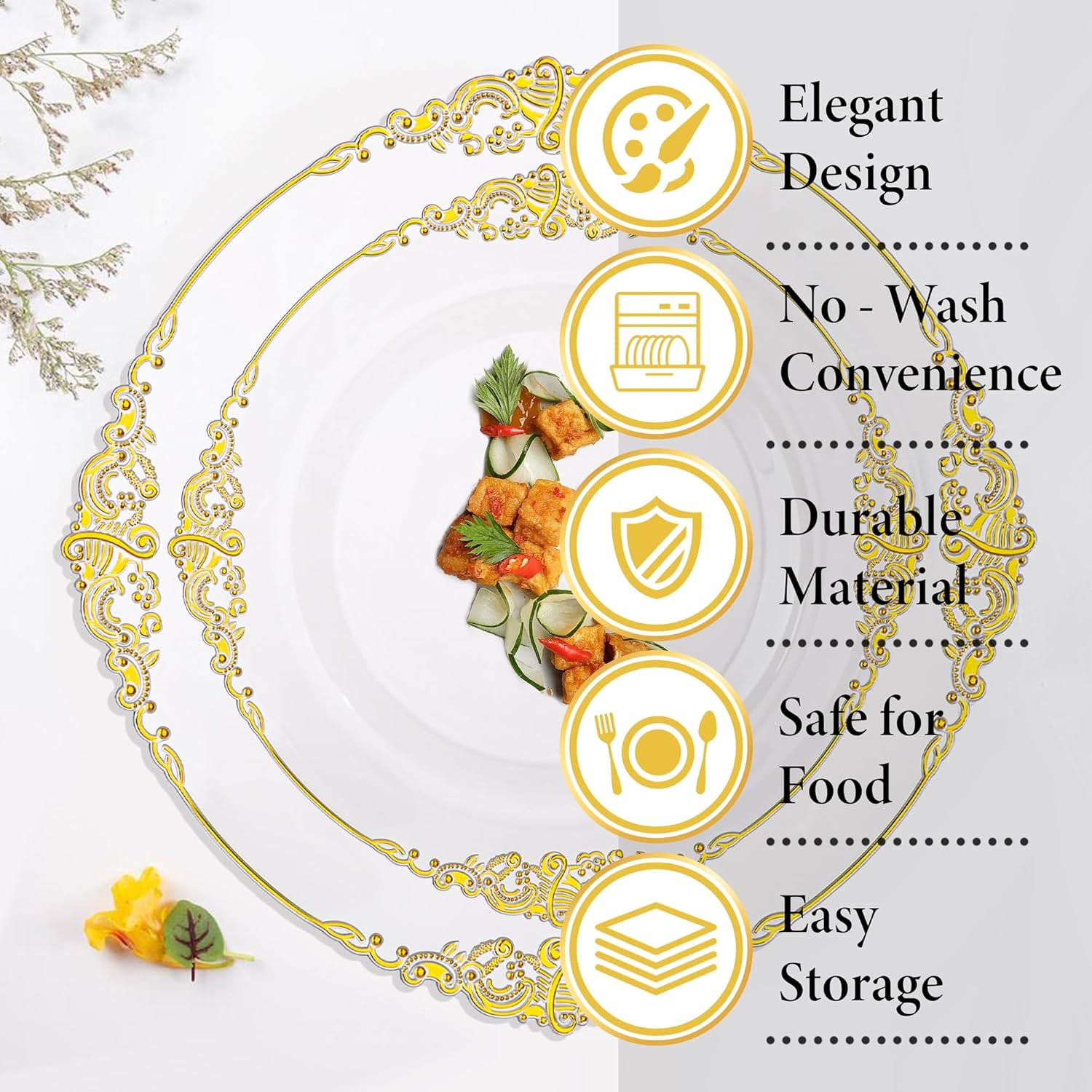 Nervure 100PCS Clear and Gold Plastic Plates - 10.25Inch Gold Disposable Plates - Heavyweight Dinner Plate for Wedding & Party - Image 8