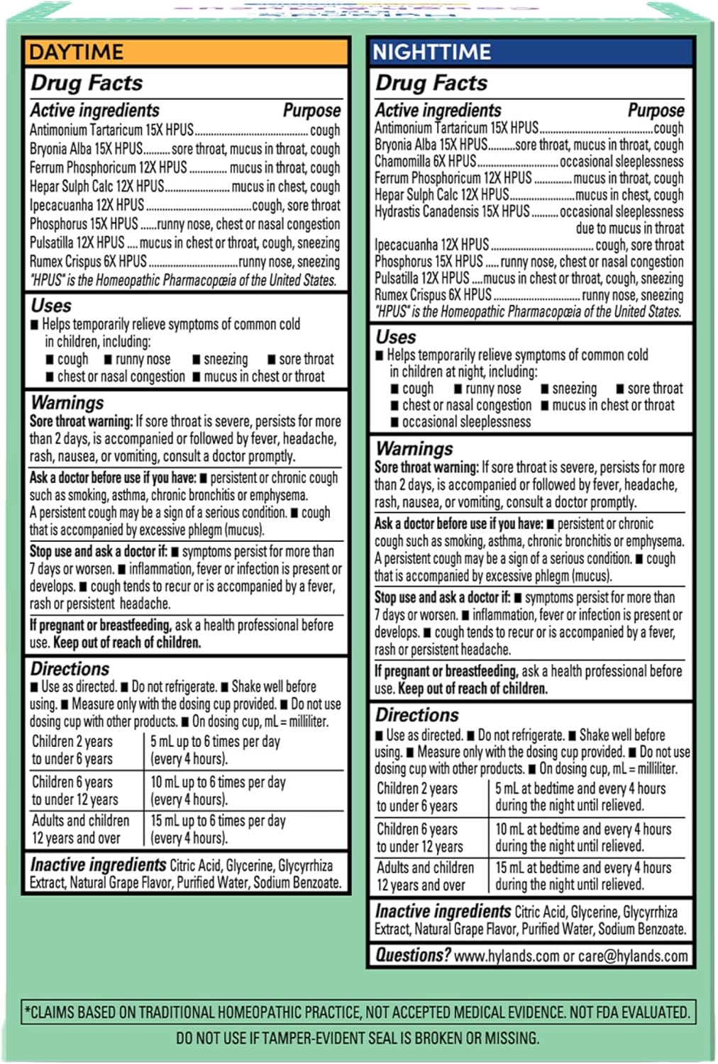 Hyland's Kids Cough Syrup and Mucus Relief Daytime and Nighttime Combo Pack, Kids Medicine for Ages 2-12, Grape Flavor, Promotes Sleep, Cough, Runny Nose, Mucus and Congestion, 8 Ounces - Image 8