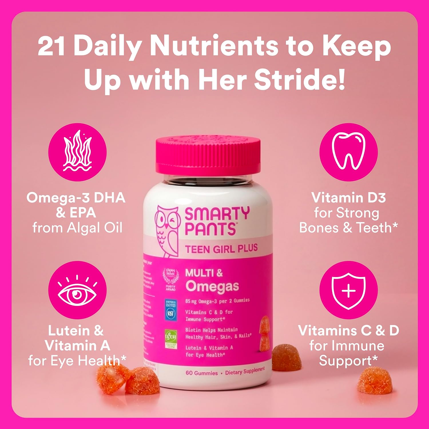 SmartyPants Teen Girl Multivitamin Gummies, Omega 3 (DHA/EPA), Vitamin C, D3, B12, Vitamin A, K & Zinc, Biotin to Support Hair, Skin & Nails, Gluten Free, 60 Count (30 Day Supply) - Image 3