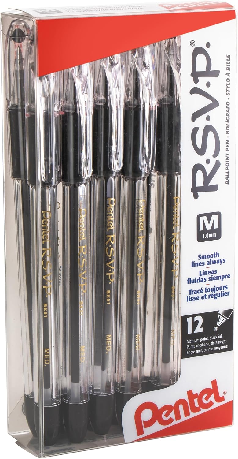 Pentel RSVP Ballpoint Pen, (1.0mm), Medium Line, Black Ink, 12 Pack (BK91PC12A) - Image 2