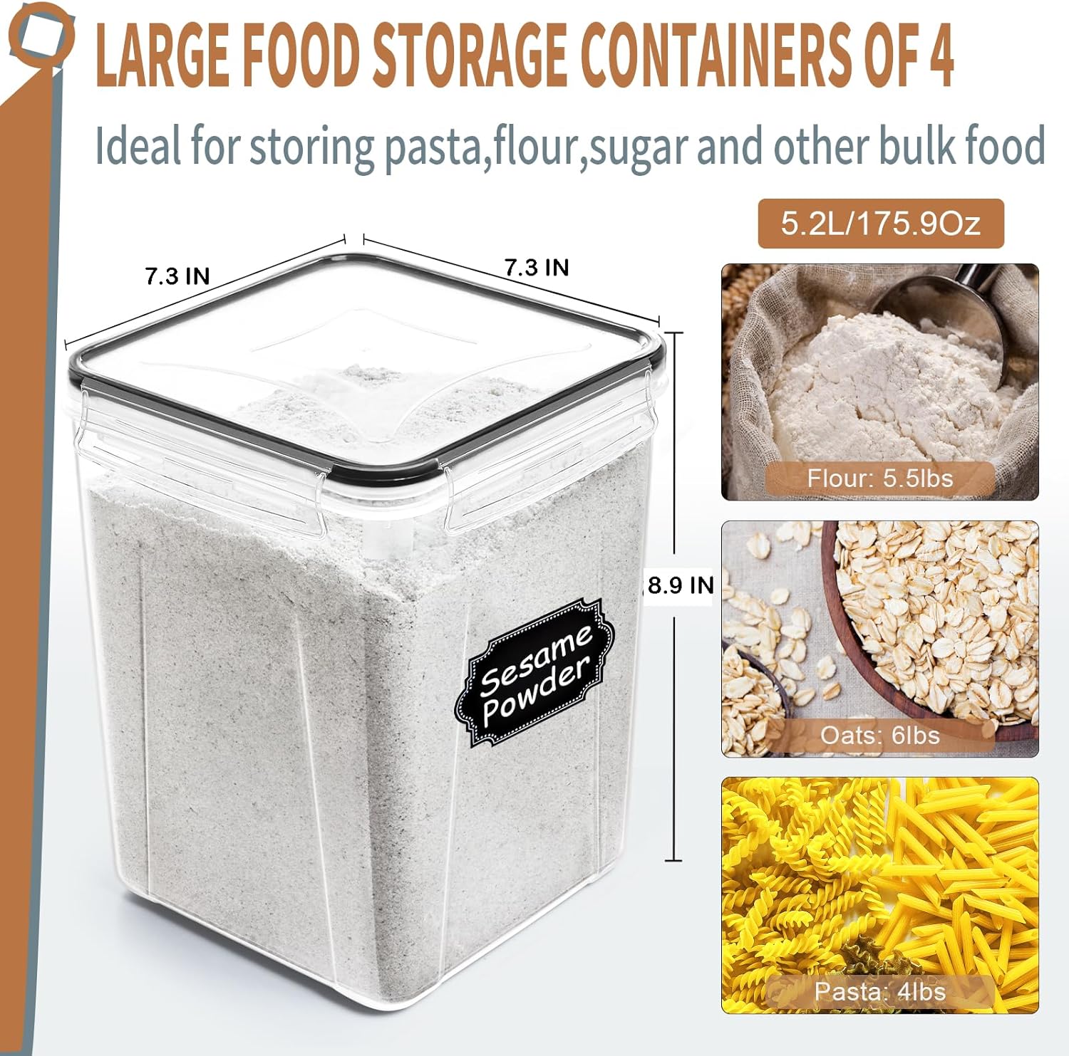PRAKI Large Airtight Food Storage Containers 5.2L / 195oz, 4pcs Pantry Kitchen Organizers and Storage for Flour, Sugar, Baking Supplies, BPA Free, Plastic Flour Containers with 20 Labels & Maker - Image 3