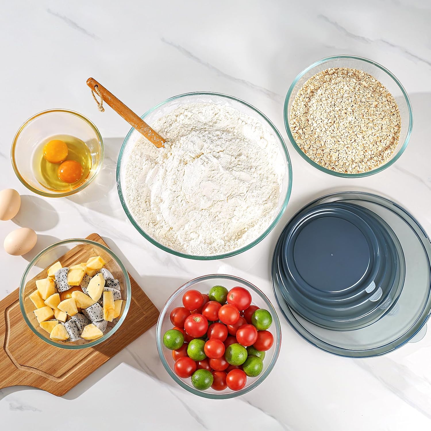 Glass Mixing Bowls with Lids Set of 5(4.78QT,2.2QT,1.7QT,1.1QT,0.85QT),Thick Glass Nesting Bowls for Kitchen Baking,Cooking Prep,Storage,Serving,Large Salad Bowls,Dishwasher Microwave Freezer Safe - Image 4
