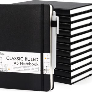12 Pack Notebooks Journals Bulk with 12 Black Pens, Feela A5 Hardcover Notebook Classic Ruled Journal Set with Pen Holder for School Business Work Travel Writing, 120 GSM, 5.1”x8.3”, Black