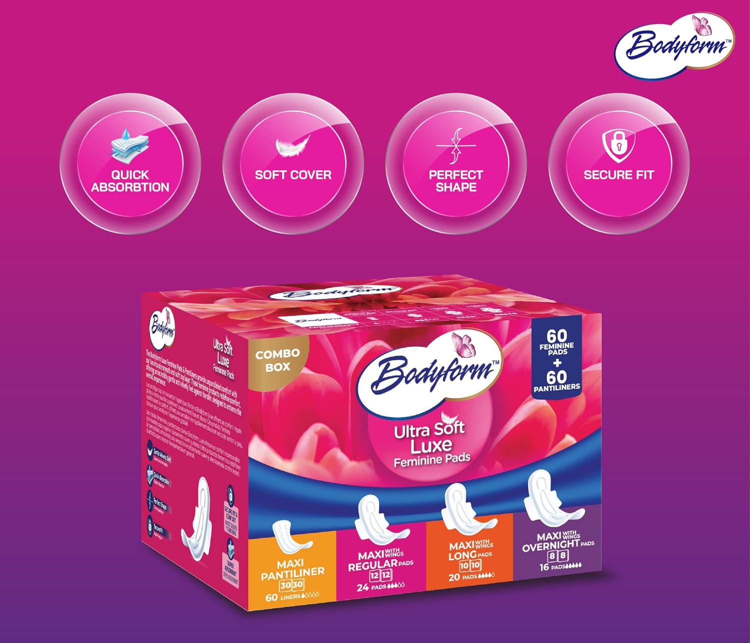 Bodyform Luxe Feminine Pads and Pantyliners Combo – 120 Count (60 Pads + 60 Liners), Ultra-Soft, Super Absorbent, Leak Protection, Daily Comfort & Freshness - Image 3