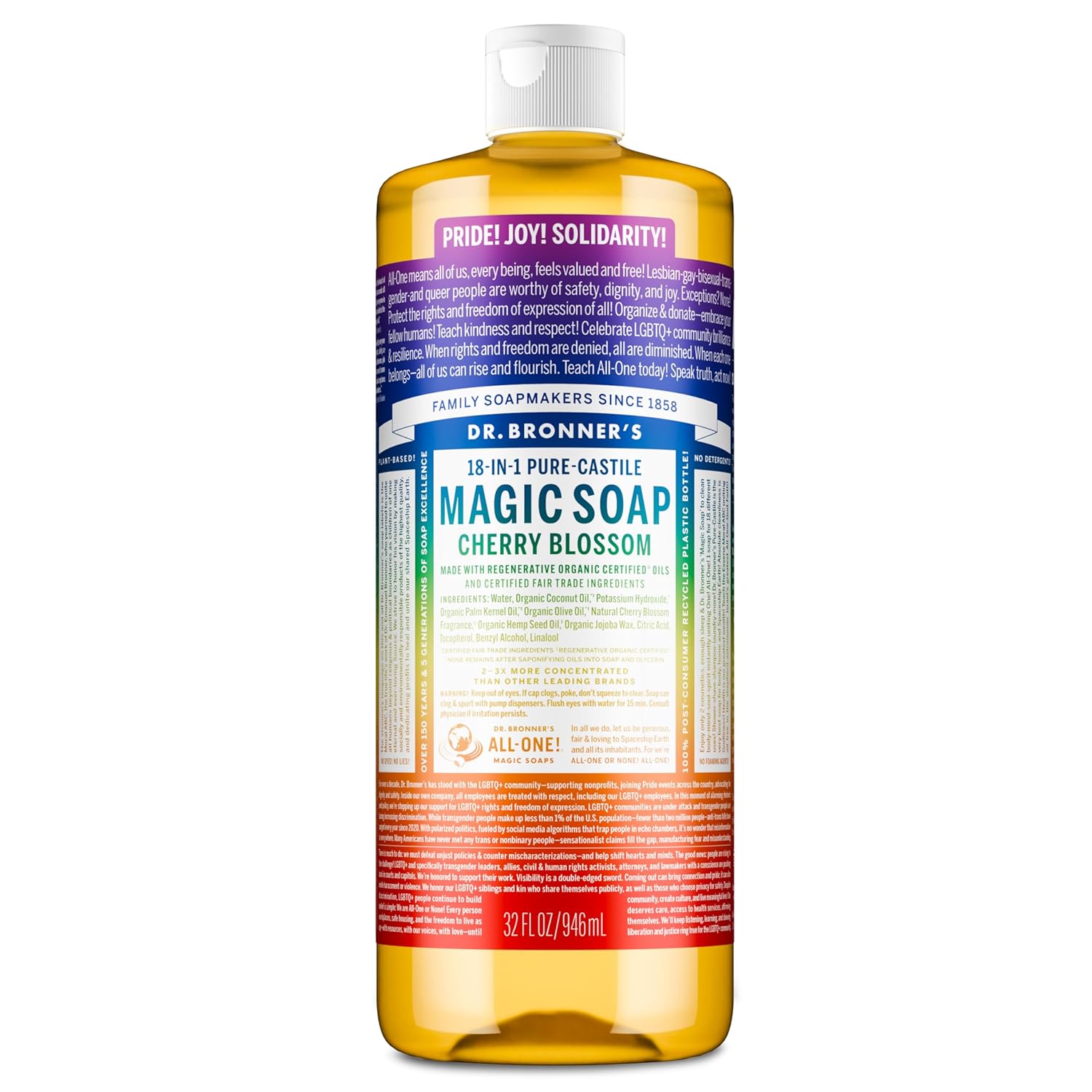 Dr. Bronner's Pure-Castile Limited-Edition Pride Soap –Regenerative Organic Certified Oils- 18-in-1 Uses for Face, Body, Hand, Hair, Laundry & More - Vegan, Non-GMO- Body Wash- Cherry Blossom, 32oz - Image 2