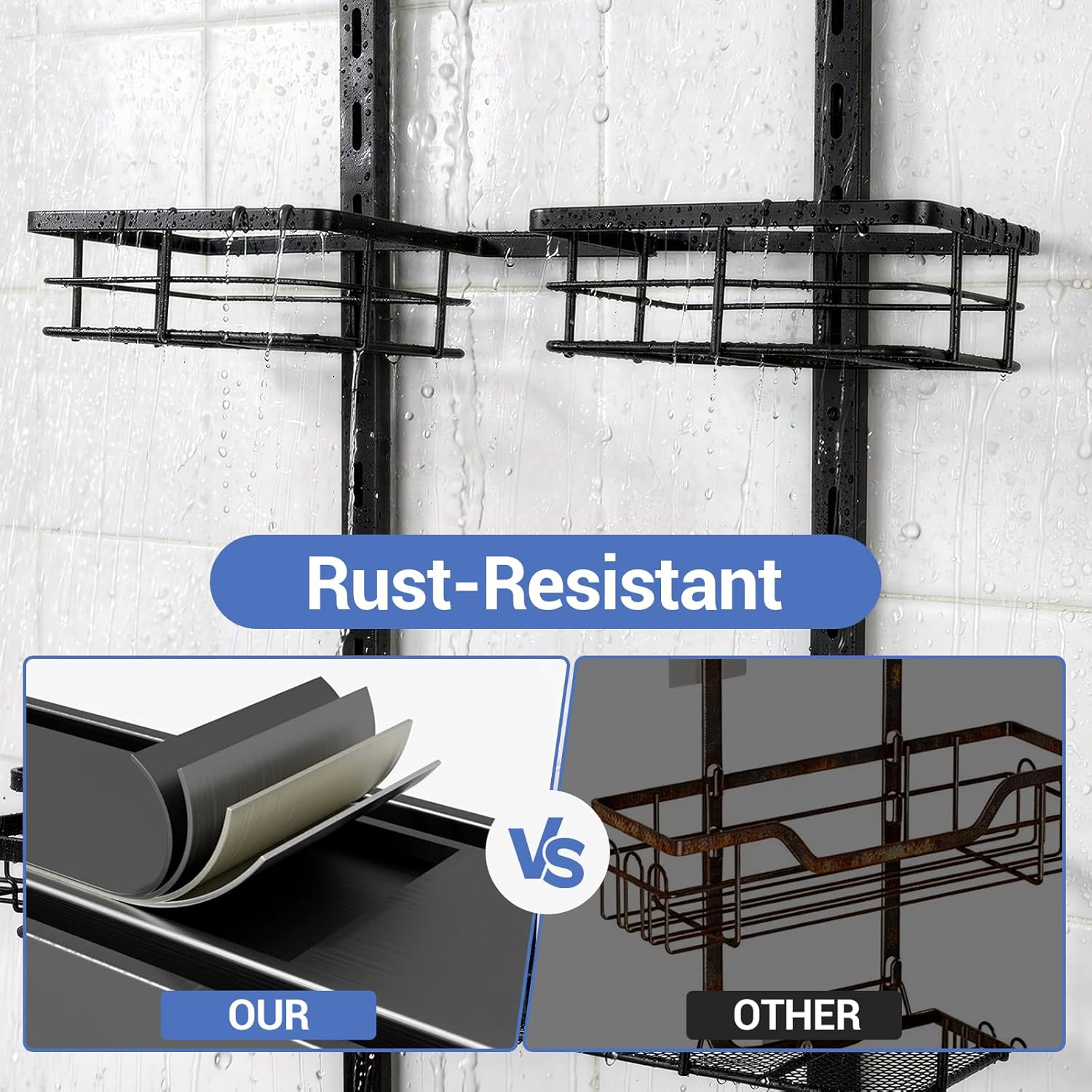 Extra Large Shower Caddy Hanging, Rust-Resistant Shower Organizer Hanging, 3 Tier Height-Adjustable Over the Head Caddy, Rack with Soap Basket (Black) - Image 6