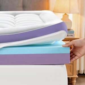 5 Inch Dual Layer Memory Foam Queen Mattress Topper – 2” Pillow Top Mattress Pad for Back Pain and 2” Support Foam & 1” Cooling Gel Memory Foam, Extra Thick Medium Support Bed Topper