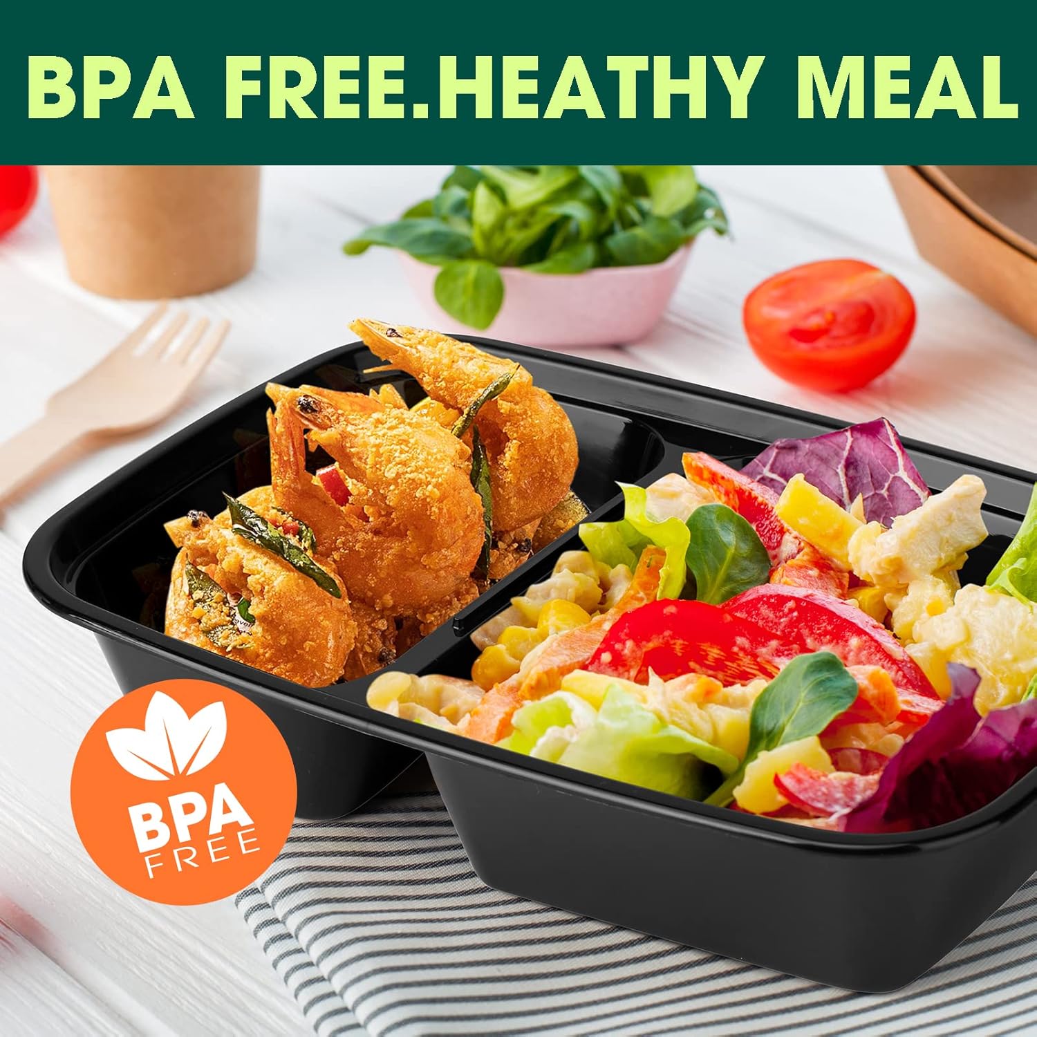 50 Pack (100-Piece) 32 oz Sturdy Leakproof 2-Compartment Meal Prep Containers with Lids, Plastic Food Storage Containers for Lunch, Microwave, Freezer, and Dishwasher Safe Takeout Containers - Image 3