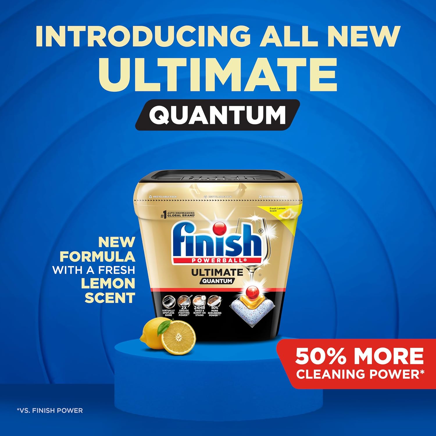 Finish Ultimate Quantum Dishwasher Pods, New & Improved Formula, Dishwasher Detergent Dish Soap, Removes Burnt-On & Dried-On Stain, Degreasing & Scrubbing Power, Lemon Scent, 38 Count - Image 3