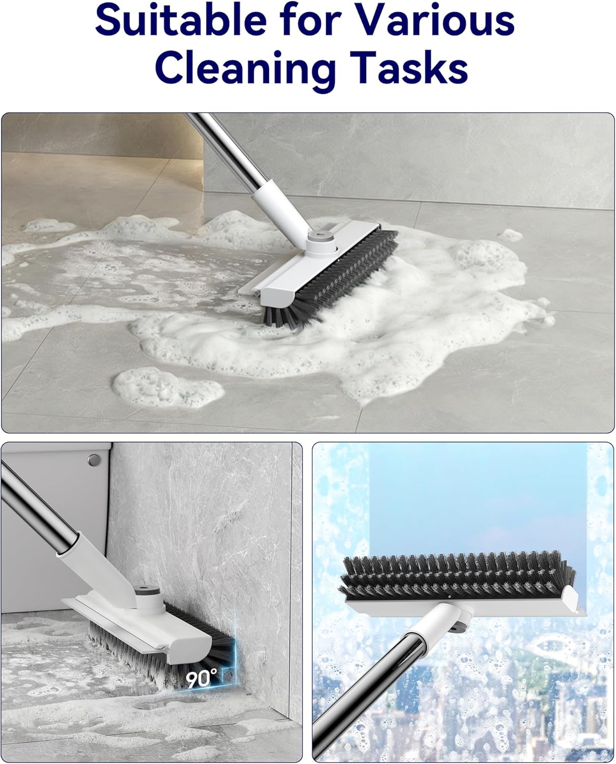 Small Floor Scrub Brush with Length Adjustable Long Handle, 3 in 1 Heavy-Duty Stiff Bristle Scrubber Brush with Squeegee and Tweezer for Cleaning Bathroom, Tile, Deck, Patio, Garage and Kitchen - Image 4