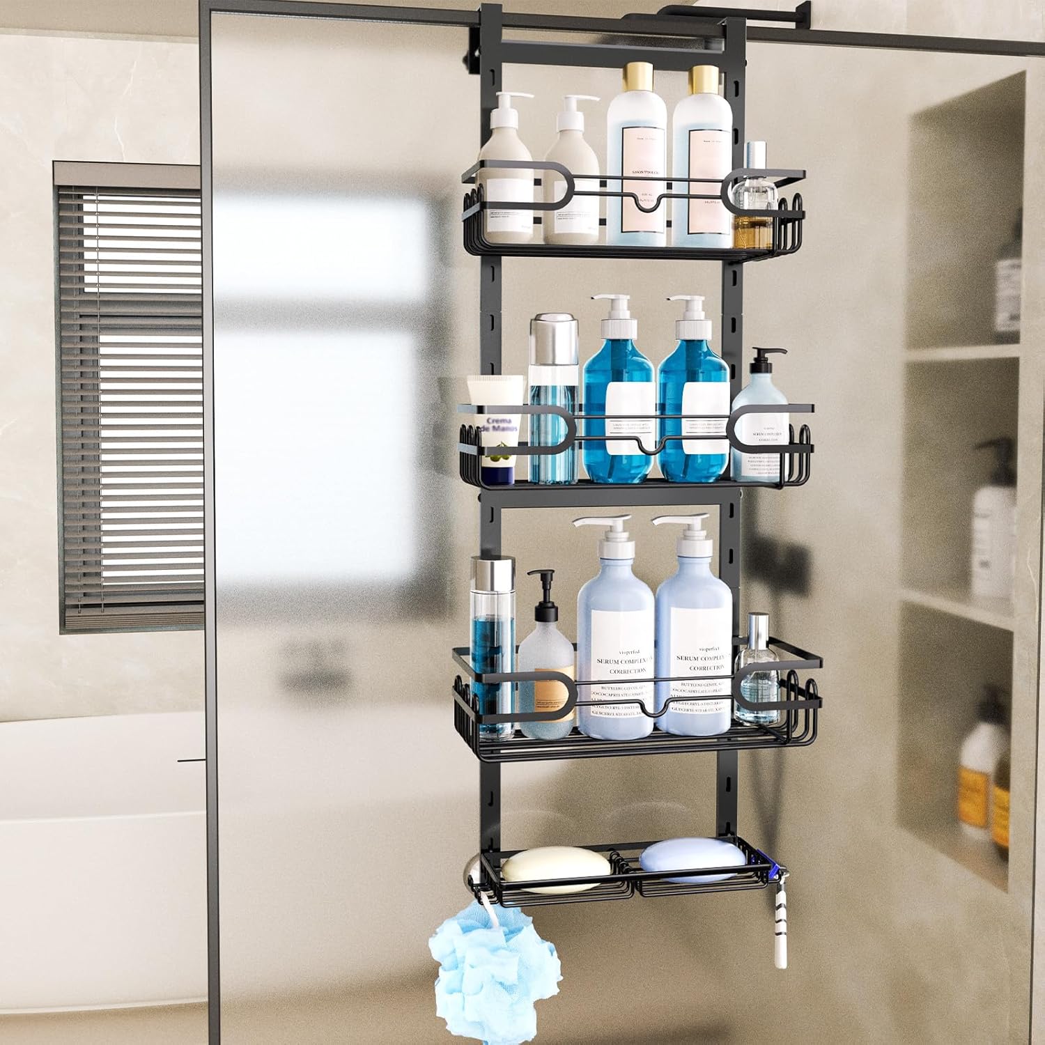 Consumest Over The Door Shower Caddy - 4 Tier Adjustable Hanging Shower Organizer Shelf with 2 Soap Holders & 22 Hooks, Rustproof Easy Installation Hanging Storage Rack for Bathroom, Black - Image 5