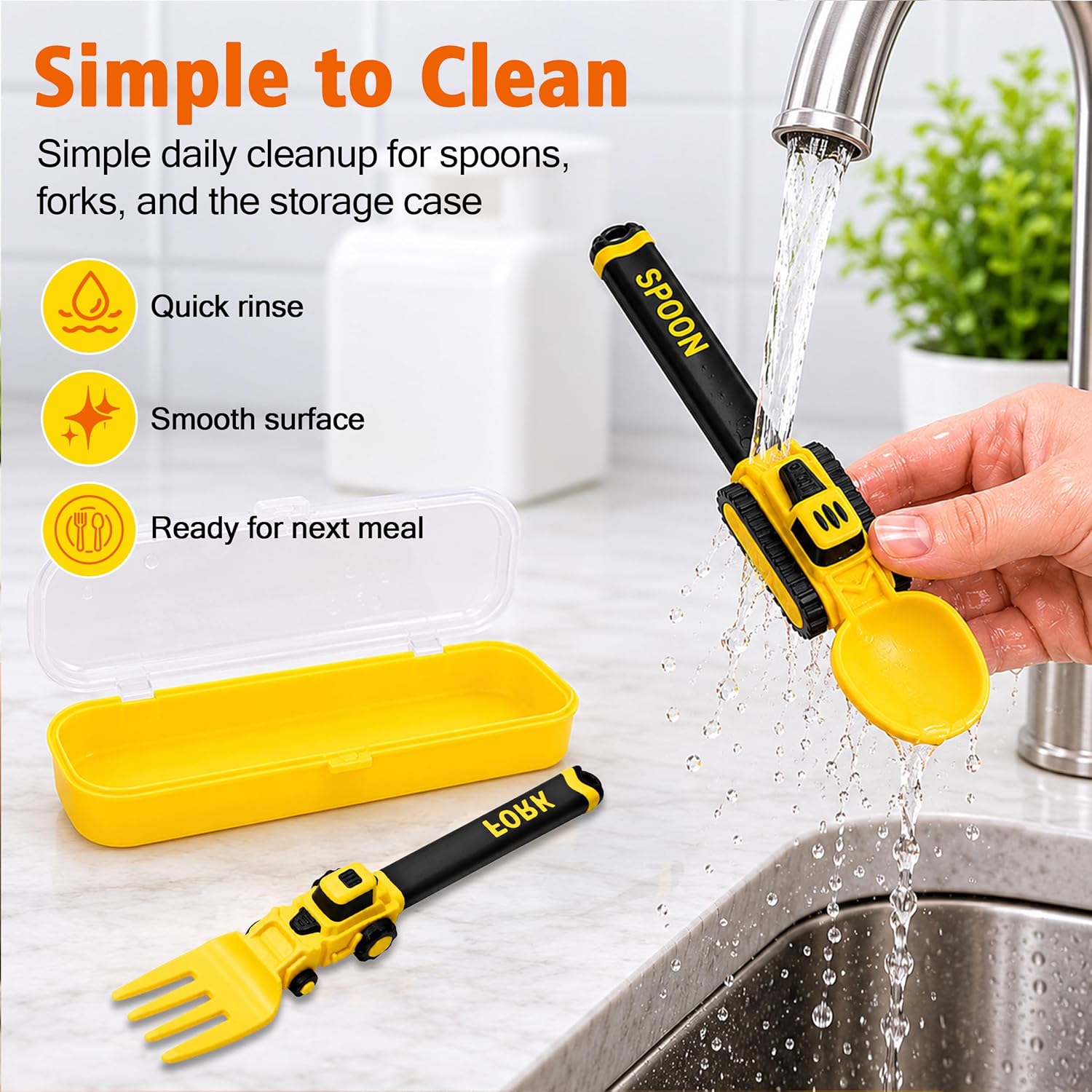 Deinyi Construction Toddler Utensils - Reusable Plastic Toddler Fork and Spoon & Storage Case - Suitable for Kids Utensils - Easter Gifts and Birthday Gifts for 1 2 3 4 5 6 7 year old, Yellow - Image 8