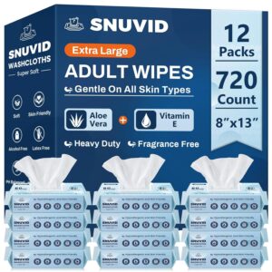Adult Wipes for Elderly – 720 Count Extra Large 8″x13″ Disposable Washcloths Rinse Free Bathing Wipes for Incontinence & Bedridden Care – Thick, Soft & Unscented with Aloe & Vitamin E (12 Packs of 60)