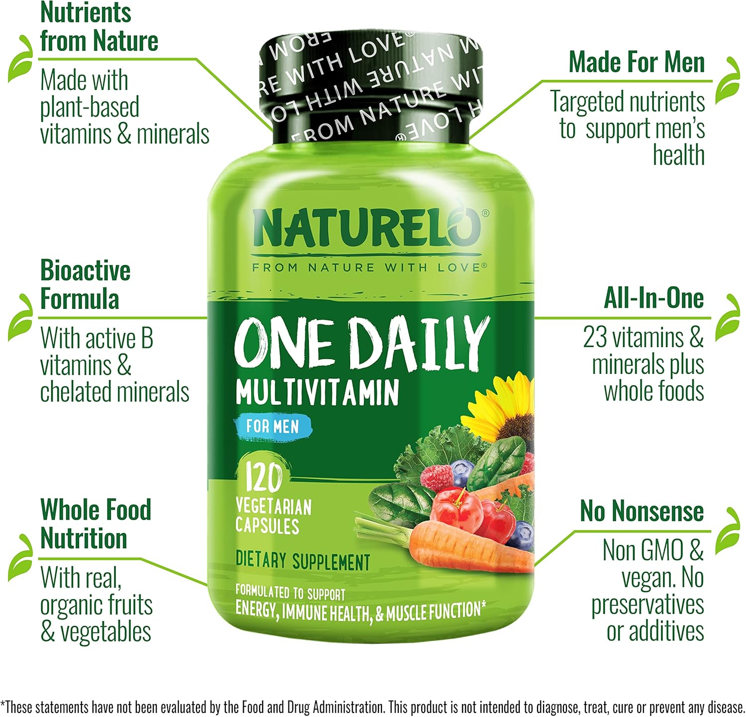NATURELO Mens Multivitamins - One Daily Multivitamin for Men with Vitamins, Minerals & Organic Whole Foods, Boost Energy & Health, Non-GMO, 120 Vegetarian Capsules - Image 5