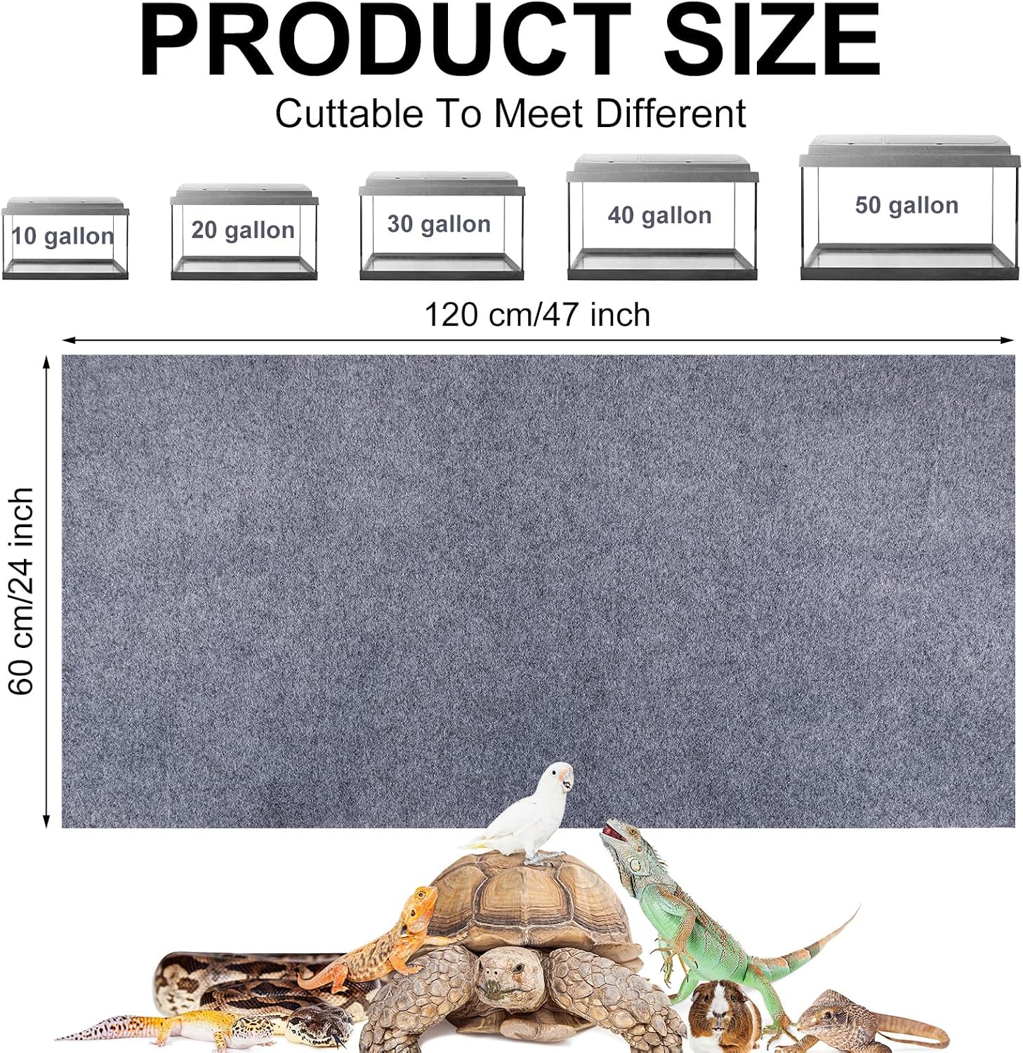 Haull 4 Pcs 24" x 47" Reptile Carpet Pet Terrarium Floor Liners Bedding Substrate Liner Supplies Reptile Cage Mat Tank Accessories for Lizard Bearded Dragon Tortoise Snake Leopard (Grey) - Image 3