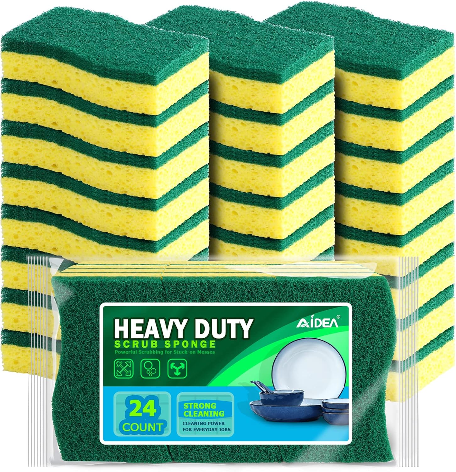 AIDEA Sponges Kitchen, Heavy Duty Scrub Sponge-24Count, Sponges for Dishes, Cellulose Dish Sponge, Scrubbing Power for Tough Messes, Cleaning Power for Non-Coated Cookware, Dishes, Pots, Pans - Image 2