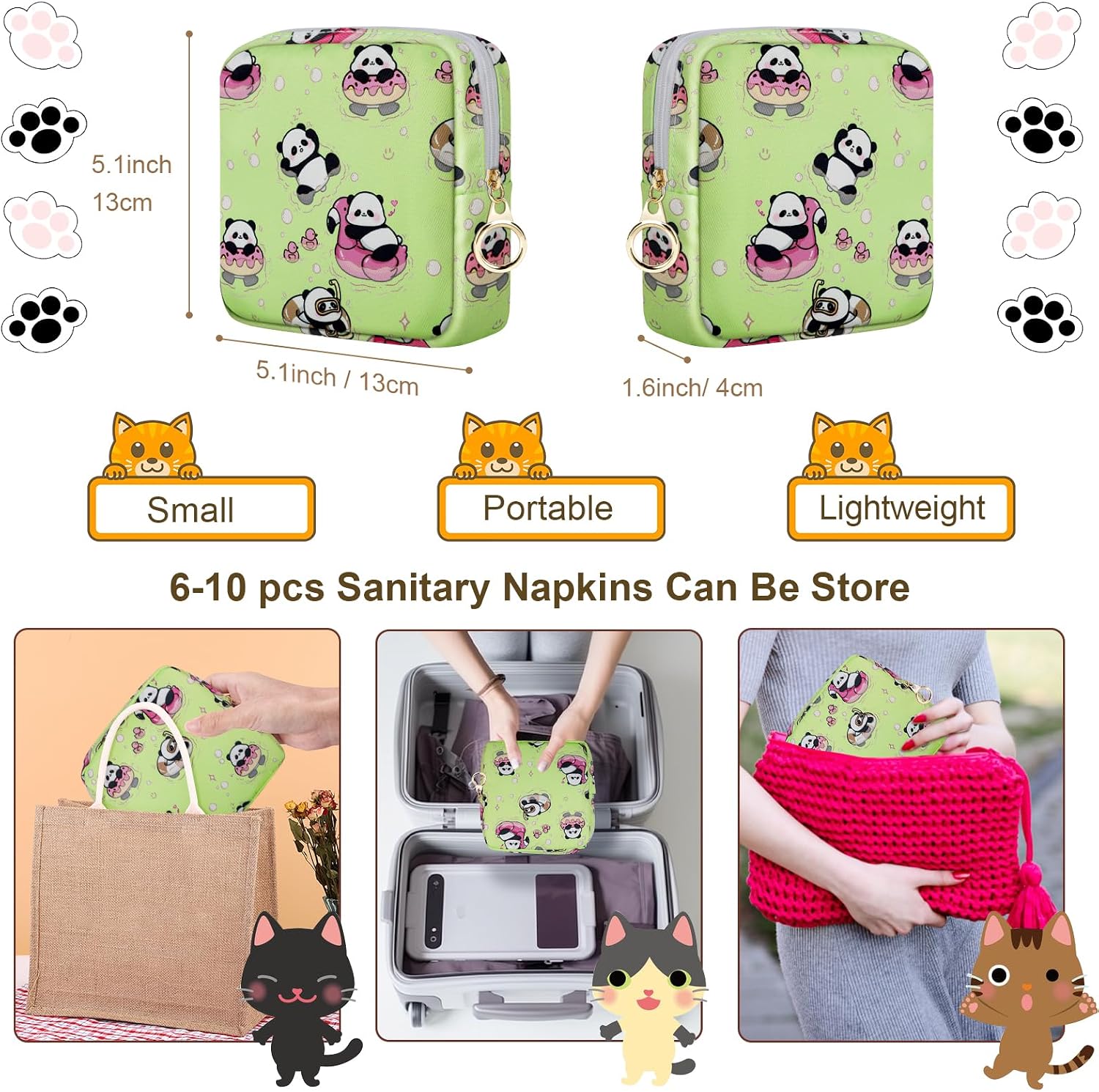 Likesing Tampon Holder for Purse, Canvas Period Bag Sanitary Napkin Storage Bag for Girls Womens, Portable Feminine Emergency Pad Period Pouch(Swimming Panda) - Image 3