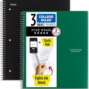 Five Star Spiral Notebook + Study App, 2 Pack, 3 Subject, College Ruled Paper, 8-1/2″ x 11″, 150 Sheets, Fights Ink Bleed, Water Resistant Cover, Black, Green (820191)