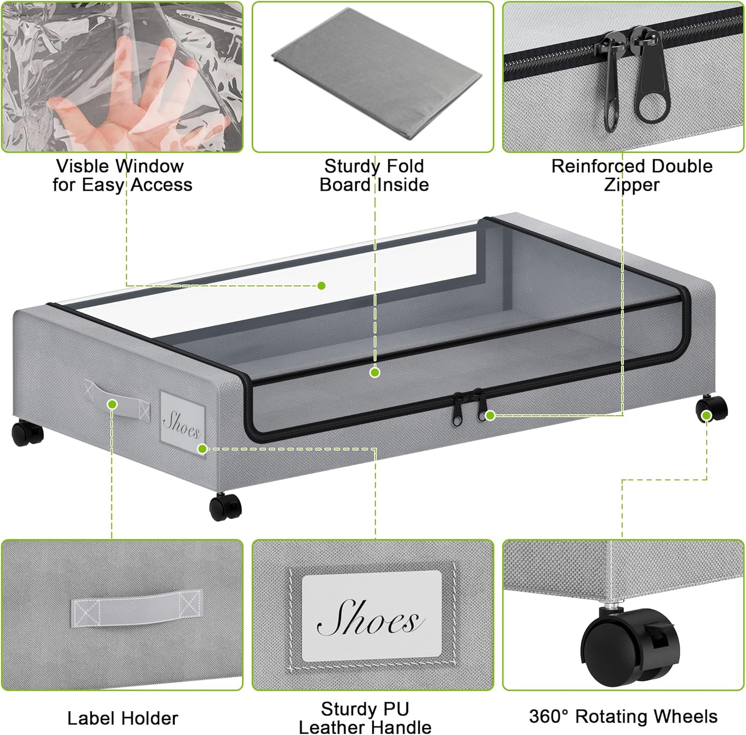Tututry Under Bed Storage with Wheels, XXL 60L Under the Bed Storage Bins, Underbed Storage Containers with Lids & Label, Rolling Metal Drawer for Shoes, Clothes, Books, Toys (2-Pack Gray) - Image 5