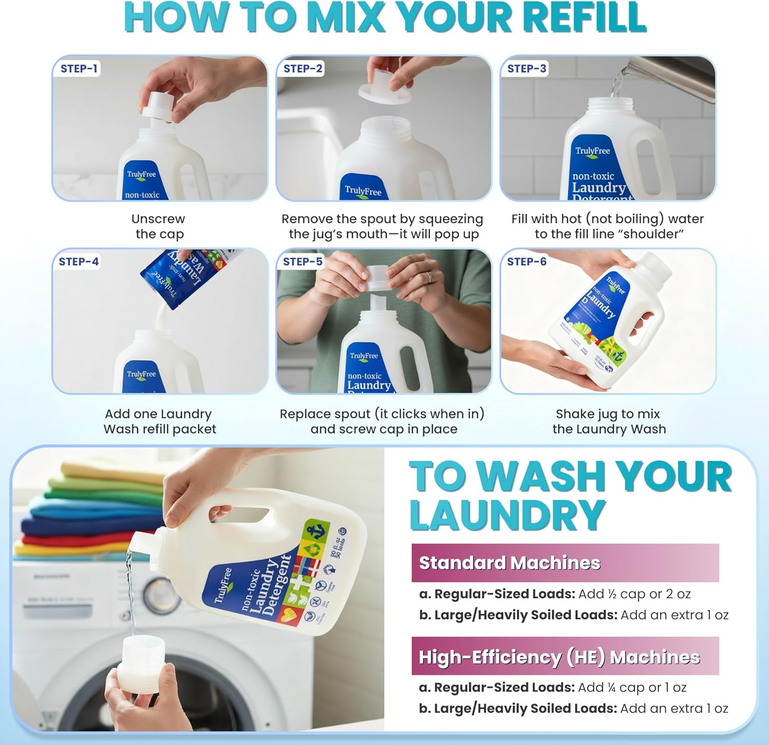 Truly Free Natural Laundry Detergent for Sensitive Skin | Eco Friendly, Plant Based, Baby Clothes Safe | Clean & Easy Powder to Liquid, 1 Empty Reusable Jug + 1 Fill Pack | Signature Scent, 50 Loads - Image 6