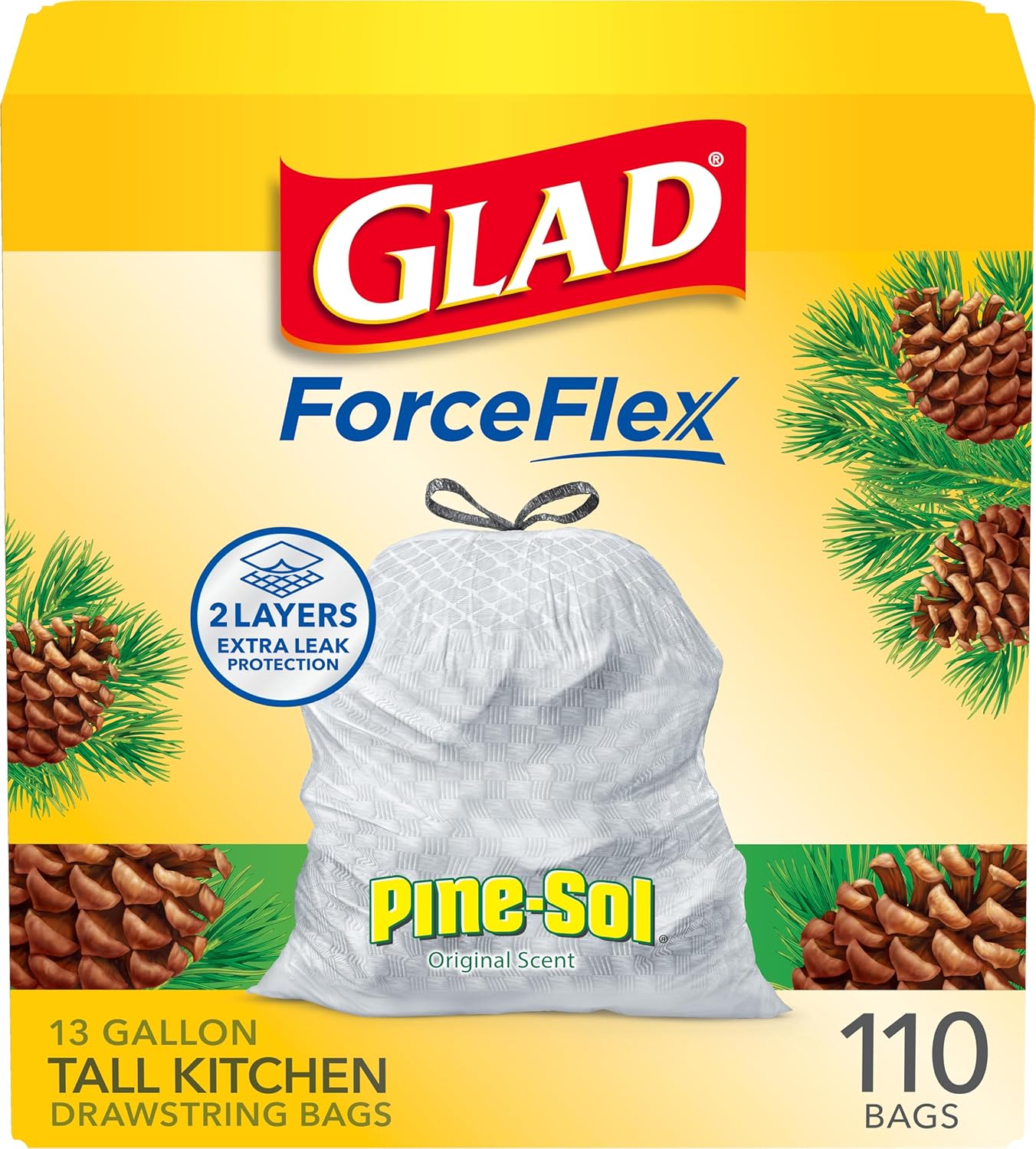 Glad ForceFlex Tall Kitchen Trash Bags, 13 Gallon, Pine-Sol Original, 110 Count (Package May Vary) - Image 2