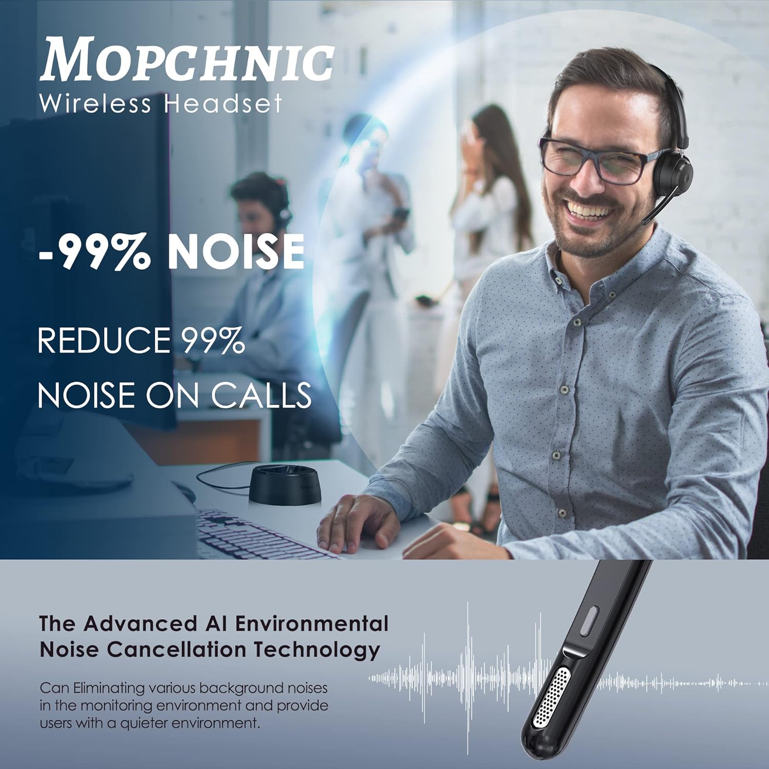 Mopchnic Bluetooth Headset, Wireless Headset with AI Noise-Canceling Microphone, On Ear Wireless Headset with USB Dongle for Work from Home Computer Office - Image 4