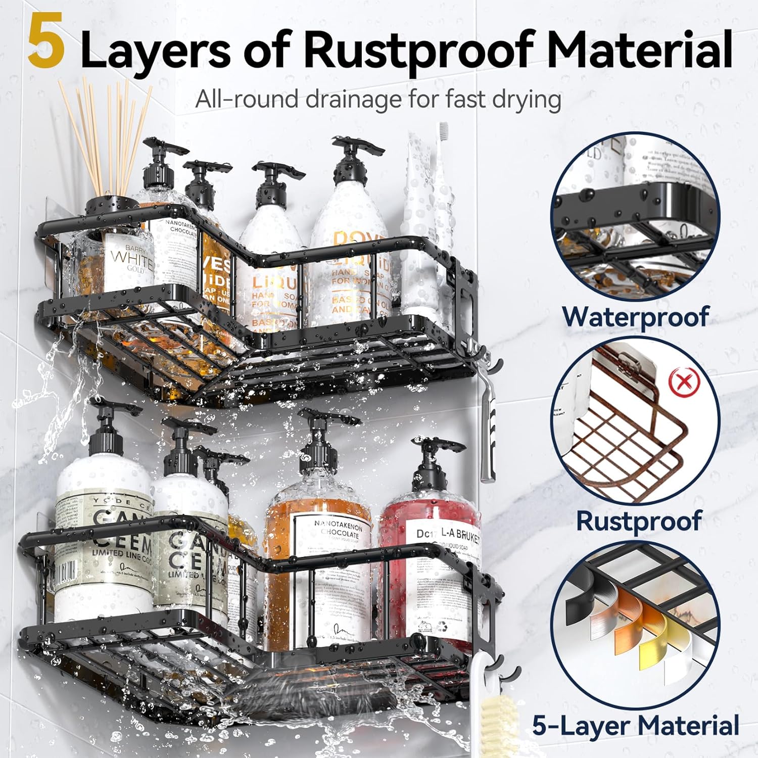 YASONIC Shower Caddy Corner, 3-Pack Adhesive Rustproof Stainless Steel Shower Shelves with Soap Holder, No Drilling Shower Organizer Corner for Dorm, Renters Bathroom, Black - Image 5