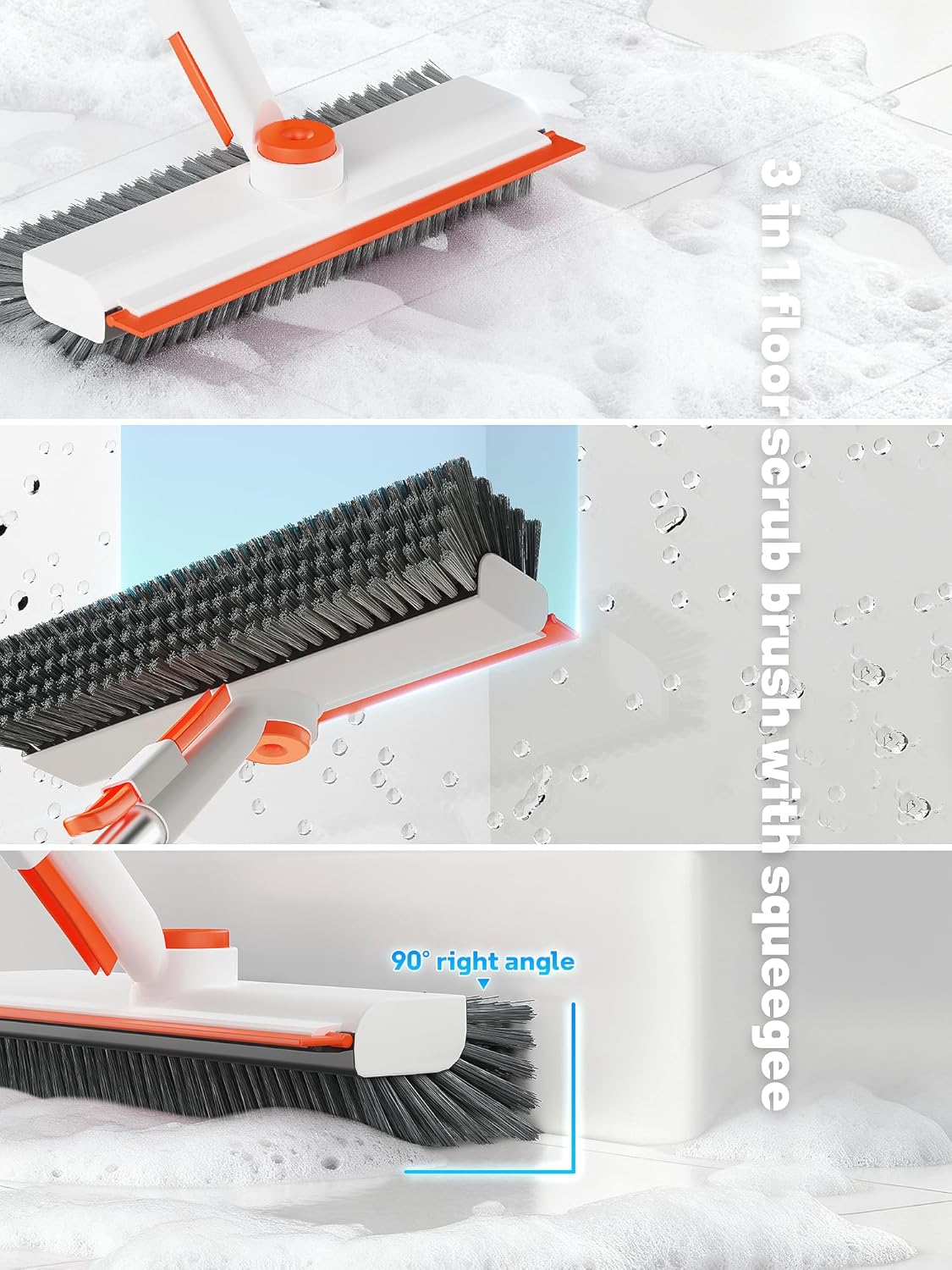 Floor Scrub Brush with Long Handle, 3 in 1 Scrape and Heavy-Duty Stiff Bristle Floor Scrubber Brush with Squeegee and Tweezer for Cleaning Tile Wall Deck (Orange and White) - Image 4
