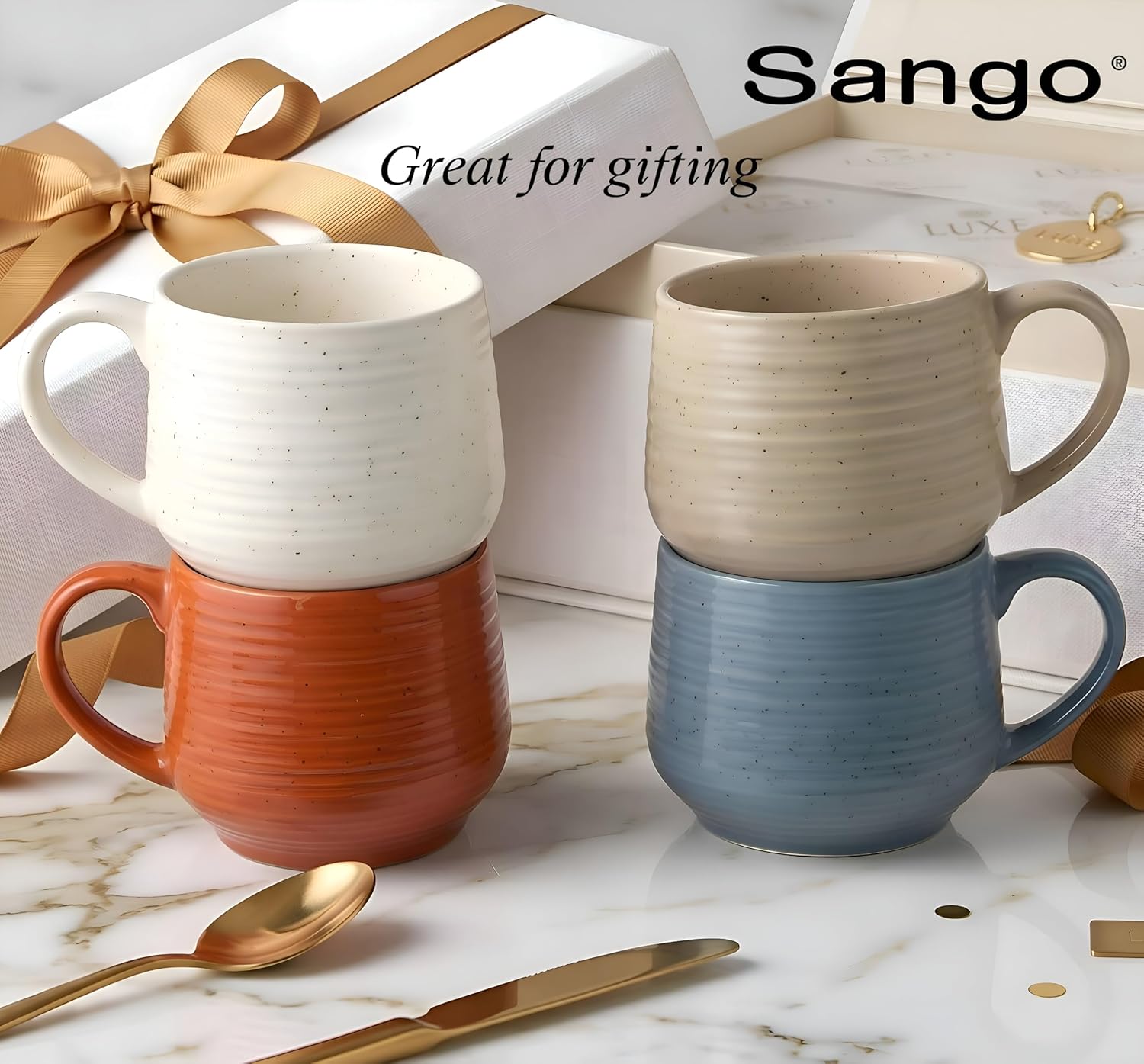 Sango 17.5 oz Stoneware Coffee Mugs Set of 4, Rustic Ceramic Mug with Speckled Reactive Glaze, Large Pottery Drinkware for Coffee or Tea, Dishwasher & Microwave Safe Mugs, Siterra Painter’s Palette - Image 7