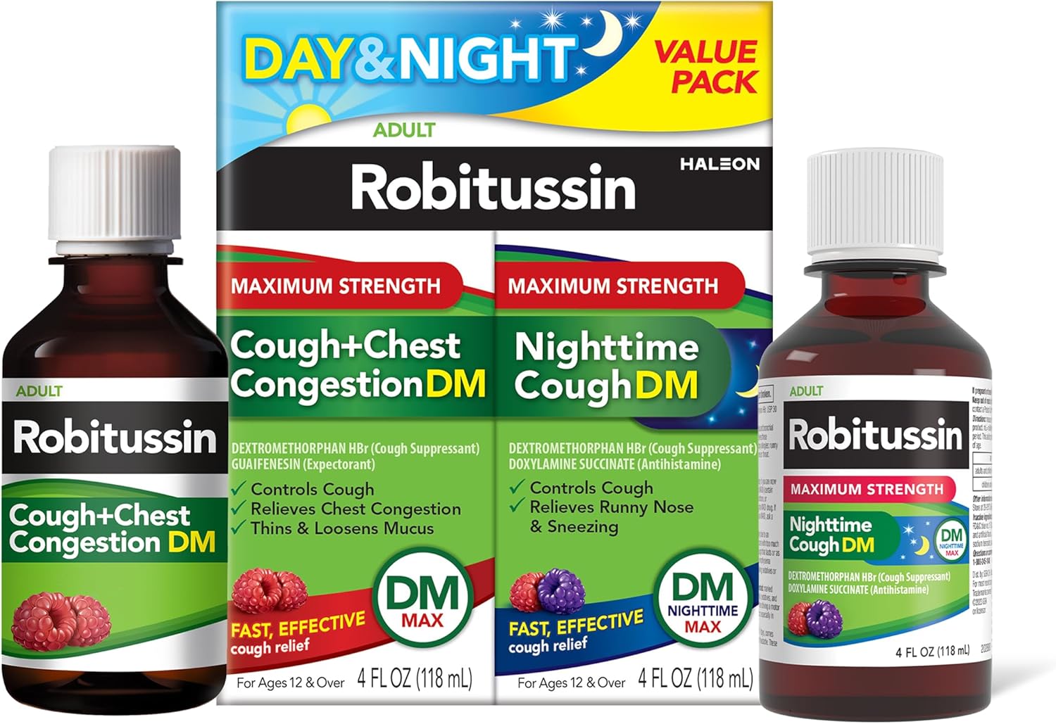 Robitussin Maximum Strength Cough + Chest Congestion DM And Maximum Strength Nighttime Cough DM, Cough Medicine For Adults, Berry Flavor - 4 Fl Oz Bottles (Pack of 2) - Image 2
