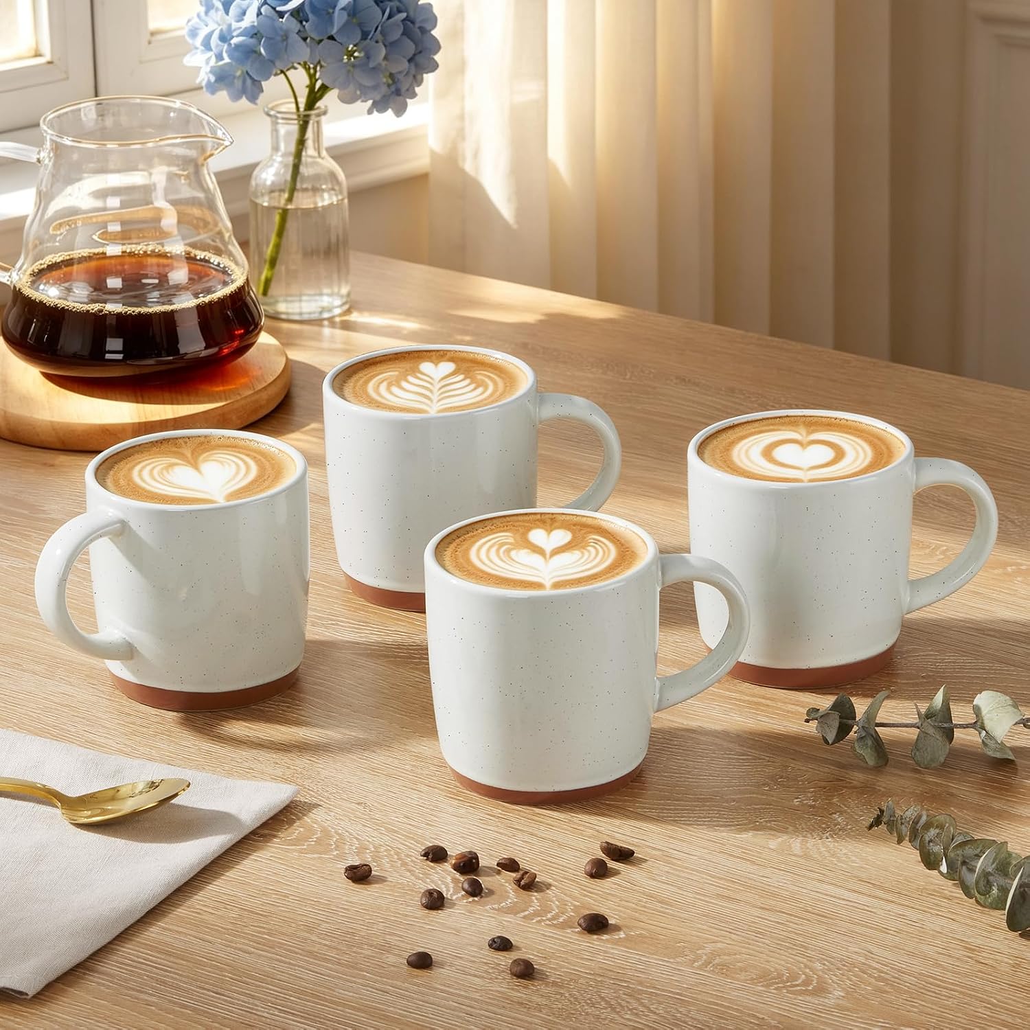 E-far Ceramic Coffee Mug Set of 4, 12oz Stoneware Coffee Cup with Handle, Porcelain Tea Cups, Modern Farmhouse Latte Mug Gift Set for Women & Men, Microwave Safe, Speckled White - Image 5