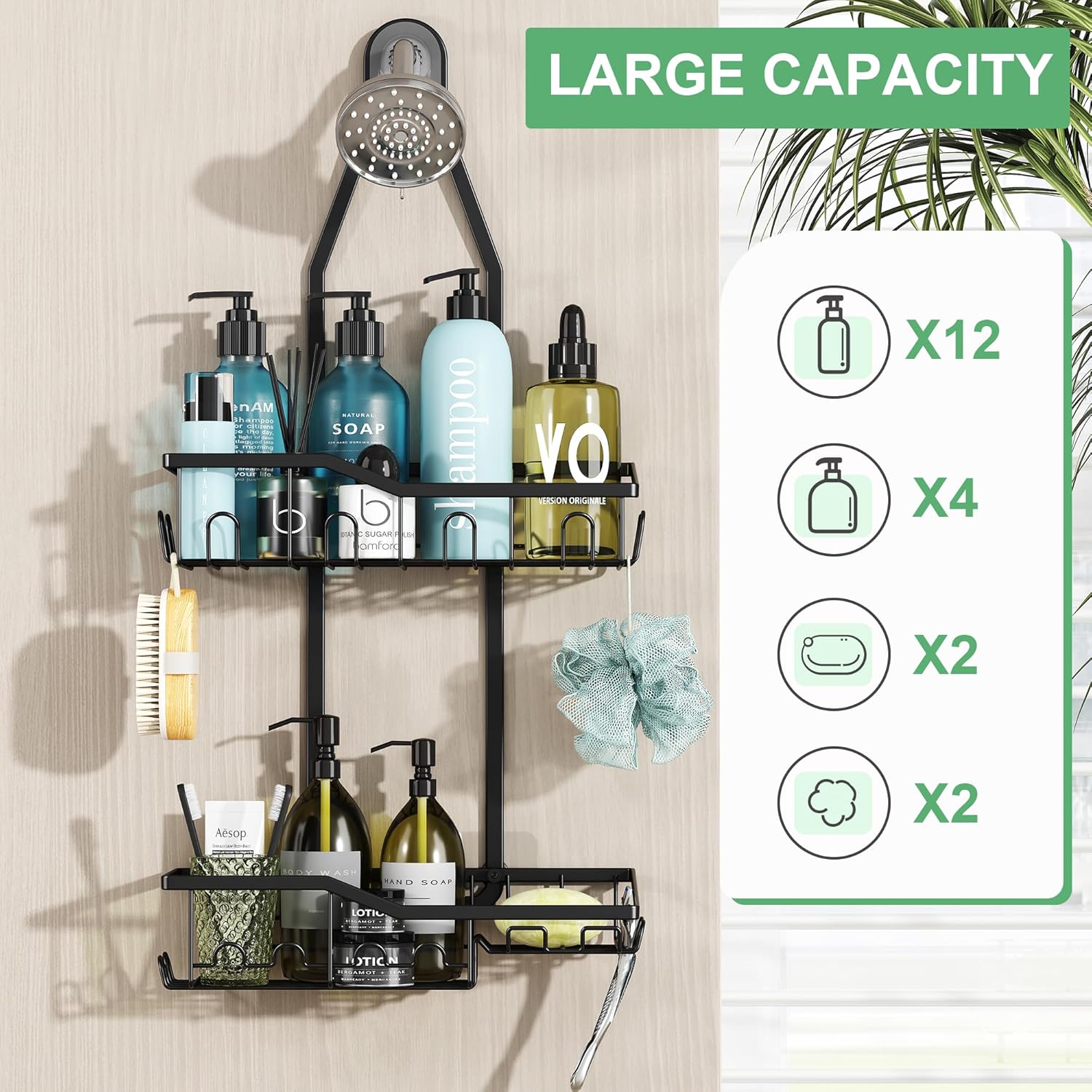 Shower Caddy Hanging,Rustproof Anti-Swing Shower Organizer,2 Tier Hanging Bathroom Caddy Anti-swing and Non-slip,Bathroom Organizer with 18 Hooks for Razor/Sponge - Image 7