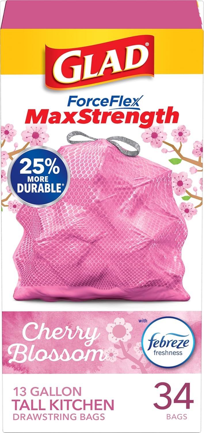 Glad Tall Kitchen Trash Bags 13 Gallon, MaxStrength Cherry Blossom Garbage Bags, Odorshield with Drawstring, 34 Count Glad Tall Kitchen Trash Bags 13 Gallon, MaxStrength Cherry Blossom Garbage Bags, Odorshield with Drawstring, 34 Count
