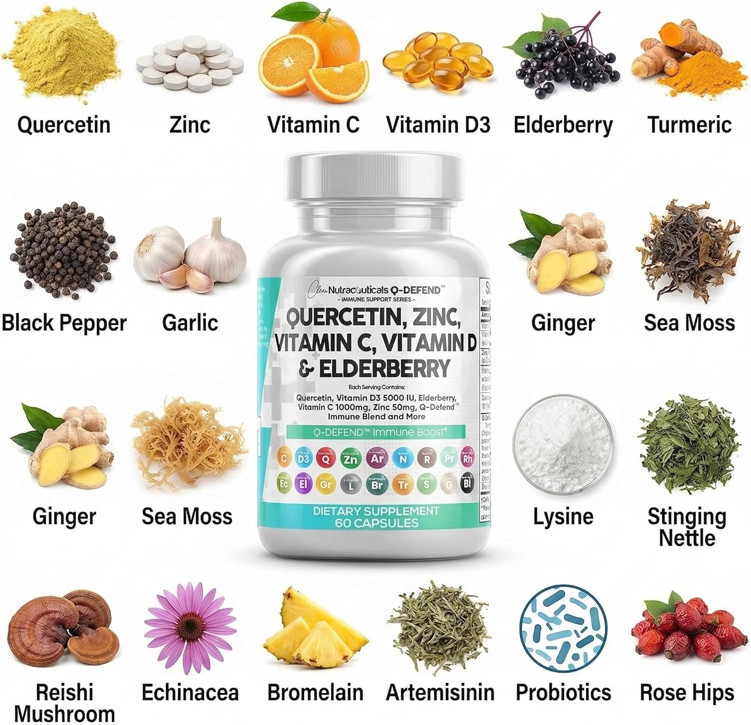 Q Defend Quercetin Supplement with Zinc Vitamin C Vitamin D Elderberry Turmeric Black Pepper Garlic Ginger Sea Moss Lysine Stinging Nettle Reishi Mushroom Immune Support 60 Capsules by Clean Nutra - Image 5