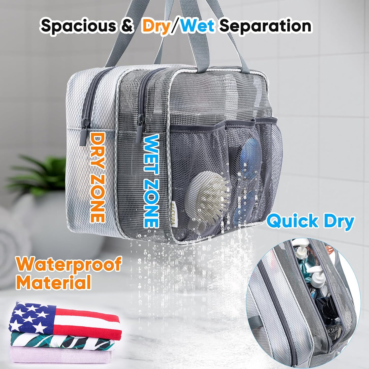 Large Mesh Shower Caddy with Wet & Dry Zones – Portable Hanging Toiletry Bag for College Dorm Room Essentials, Travel, Gym, Camping, Beach Tote Bag – Quick-Dry Shower Tote Organizer - Image 3