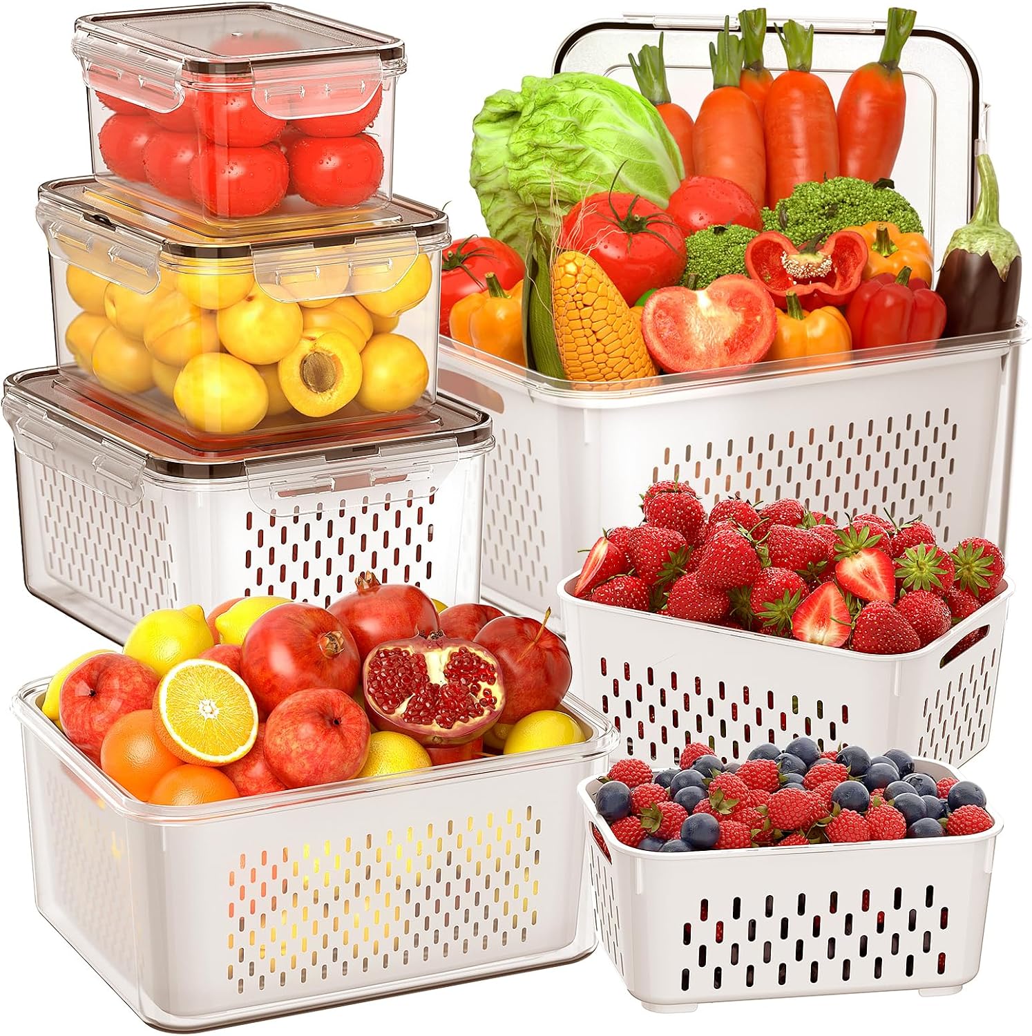 5 PCS Large Fruit Storage Containers for Fridge with Removable Colanders, Airtight Food Storage Containers with 5 Lids, 4 in 1 Produce Containers Keep Berry Fruits Vegetable Food Meat Fresh Longer - Image 2