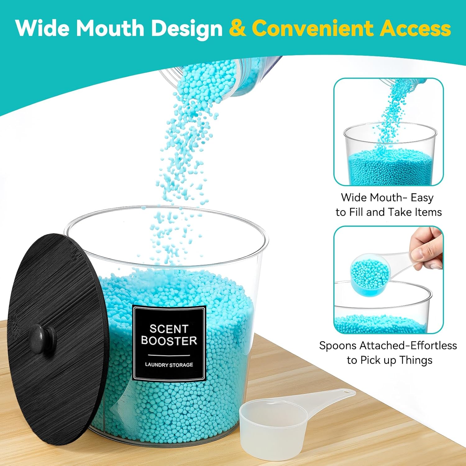 Laundry Pods Container & Dryer Sheet Holder, Laundry Room Organization and Storage Jars with Lids, Labels & Scoops for Powder Detergent Scent Booster, Black Lid - Image 5