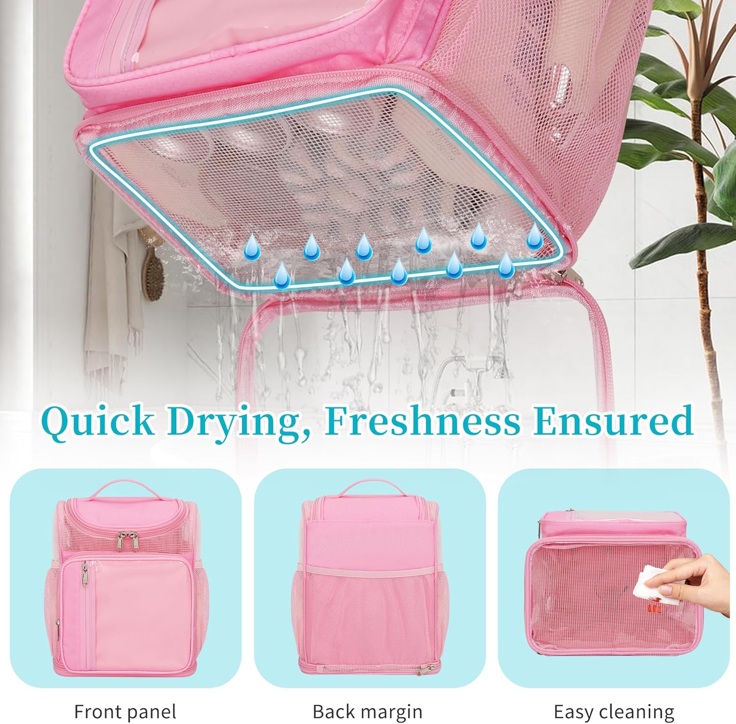 Hanging Shower Caddy Portable - Travel Toiletry Bag for Men & Women, Large Capacity Caddy Dorm Basket, Quick Dry Toiletry Tote Bag with Stain Resistant Bottom for Bathroom, Beach, Camp, Gym - Pink - Image 5