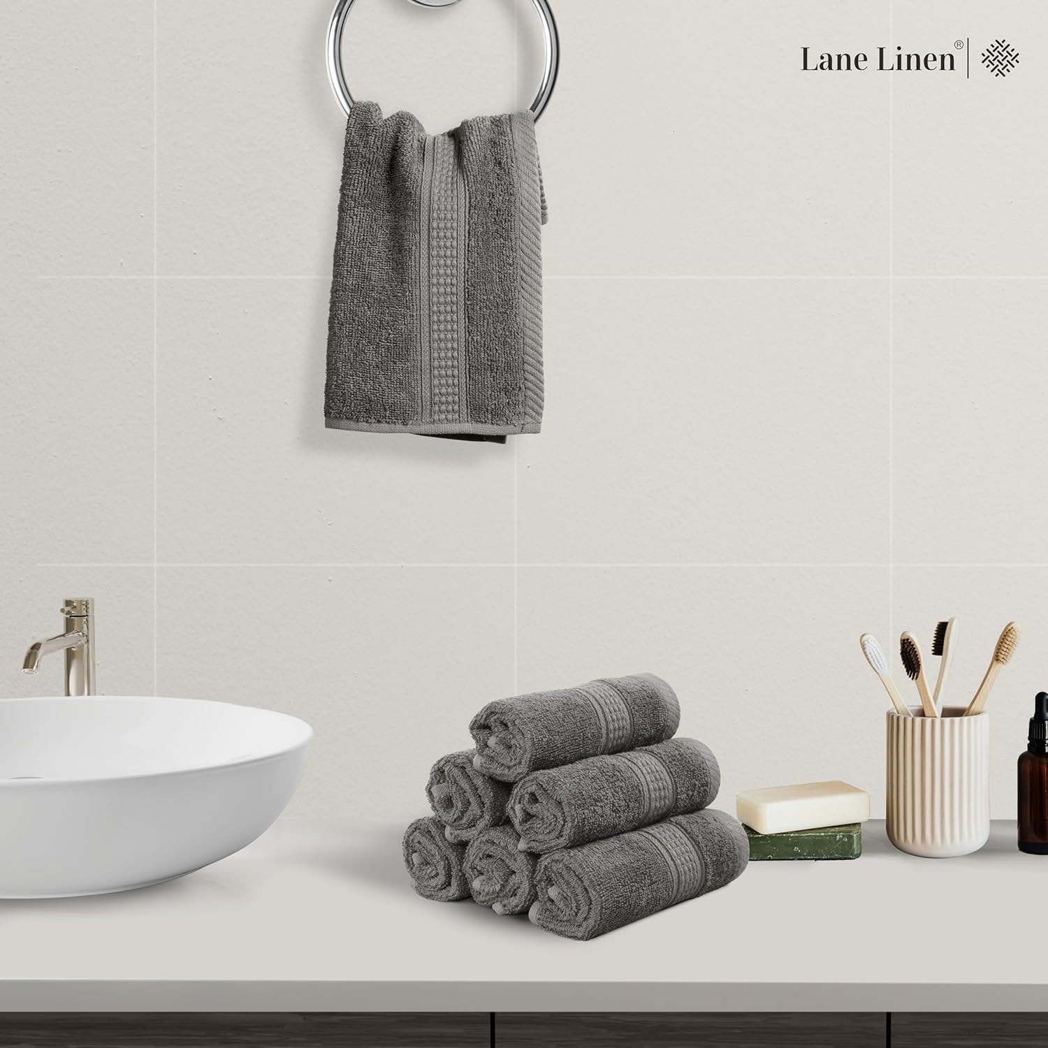 LANE LINEN Washcloths Set - 12 Soft Cotton Washcloths for Bathroom - 13x13 inches - Well Stitched Edges, Softer, Highly Durable, True to Color & Fade Resistant - Ideal Wash Cloths for Body - Grey - Image 2