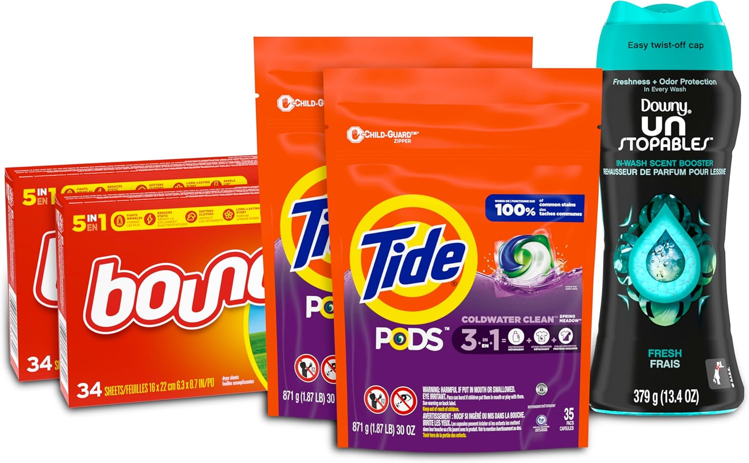 Tide Pods Liquid Laundry Detergent Pacs, Downy Unstopable Scent Beads and Bounce Dryer Sheets, Better Together Bundle - Image 2