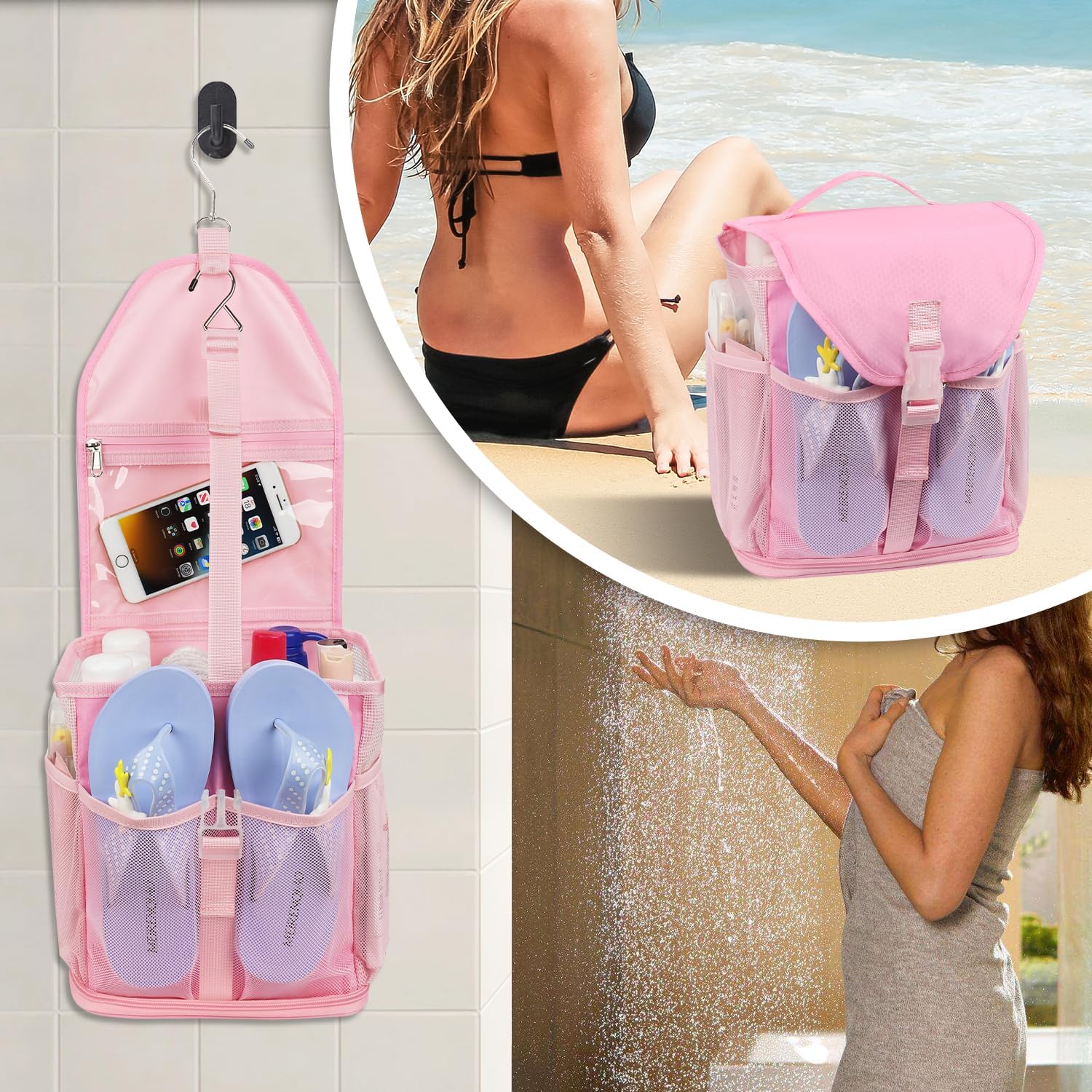 Ethereal Pink Hanging Mesh Shower Caddy Portable for College Dorm Room Essentials, Large Capacity Shower Bag for Guys/Girls, for Beach, Swimming, Gym - Image 8