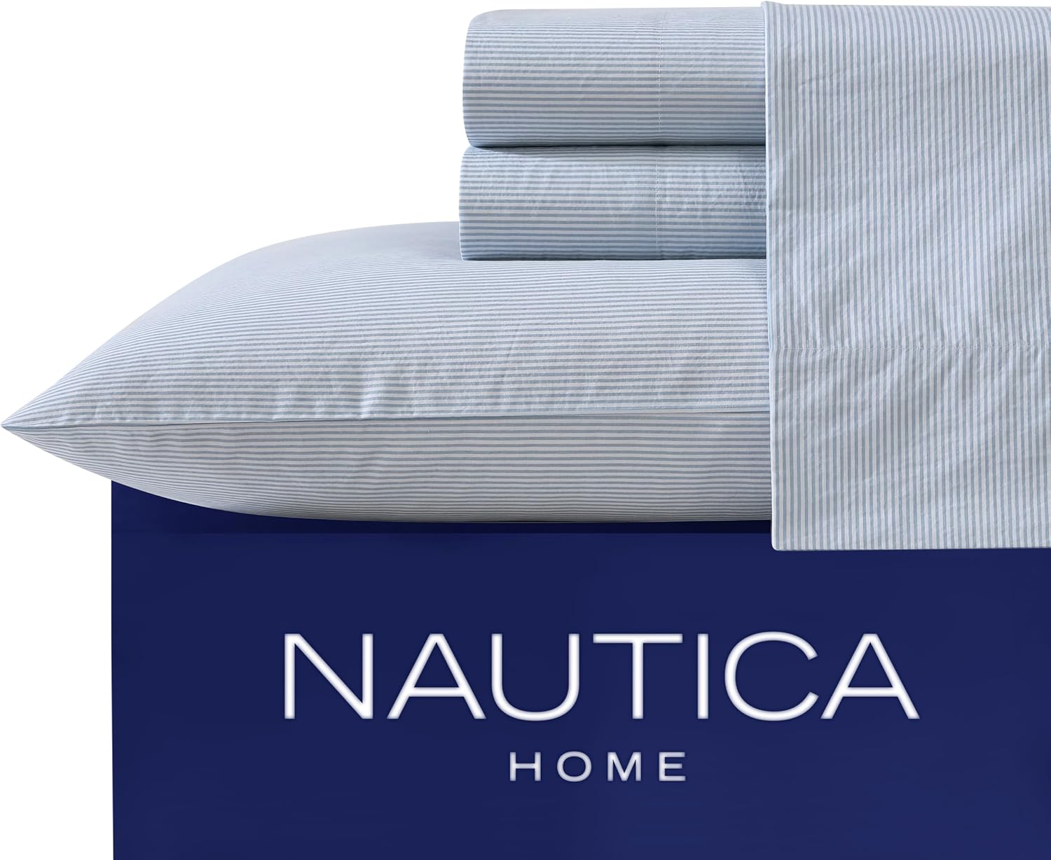 Nautica - Queen Size Sheet Set, Crisp Cotton Percale Bedding with Matching Pillowcases, Fully Elastic Fitted Sheet, Deep Pocket, Nautical Room Decor (Penny Pinstripe Blue) - Image 4