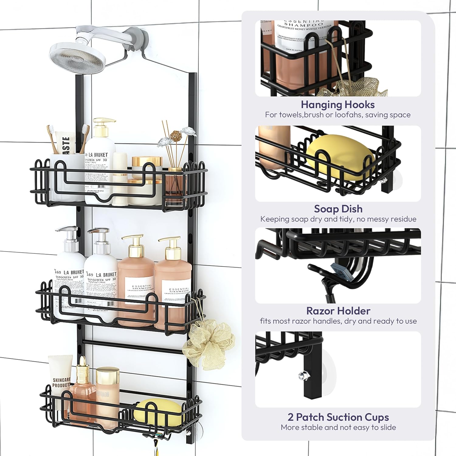 SWTYMIKI Shower Caddy Hanging Organizer - 3-Tier Rustproof Shower Organizer Over Showerhead with Adjustable Baskets, 24 Hooks, Soap & Razor Holder - No Drill Large Bathroom Storage Rack, Black - Image 5