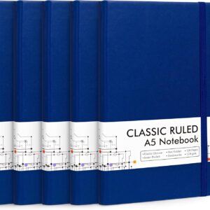feela 5 Pack Journal Notebook Bulk for School, Hardcover Business Notebooks Classic Ruled Lined Journals with Pen Holder for Work Note Taking, with 5 Black Pens, 120 GSM, 5.1”x8.3”, A5, Navy