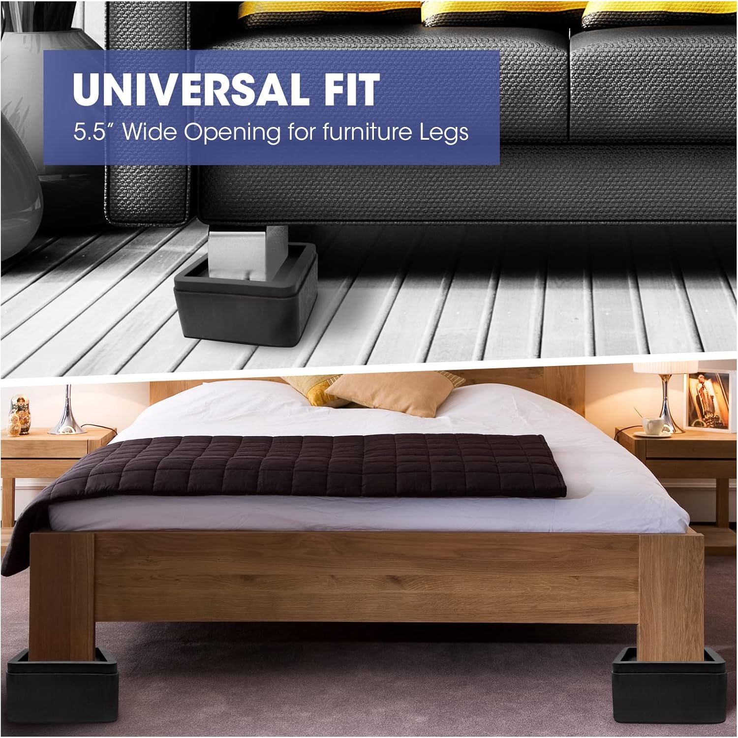 MYMULIKE Bed Risers 3 Inch, Oversized Fit Up to 5.5" Legs, Heavy Duty Support 6000lbs, Stackable Bed Raising Blocks Furniture Sturdy Bed Lifts for Couches, Tables, Desk(Black, 3 inch-4 Pack) - Image 7
