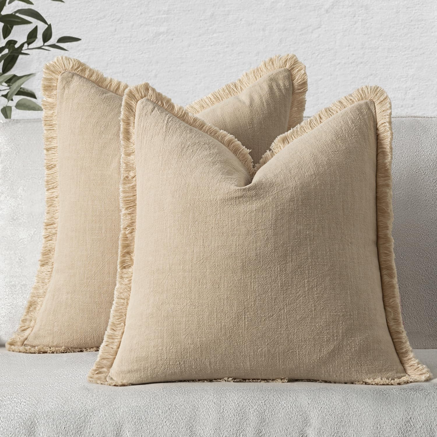 MIULEE Decorative Throw Pillow Covers Neutral Linen Fringe Throw Pillows Set of 2 Beige Boho Farmhouse Cushion Covers with Tassels for Couch Sofa Bed Living Room Spring Home Decor 16x16 Inch - Image 2