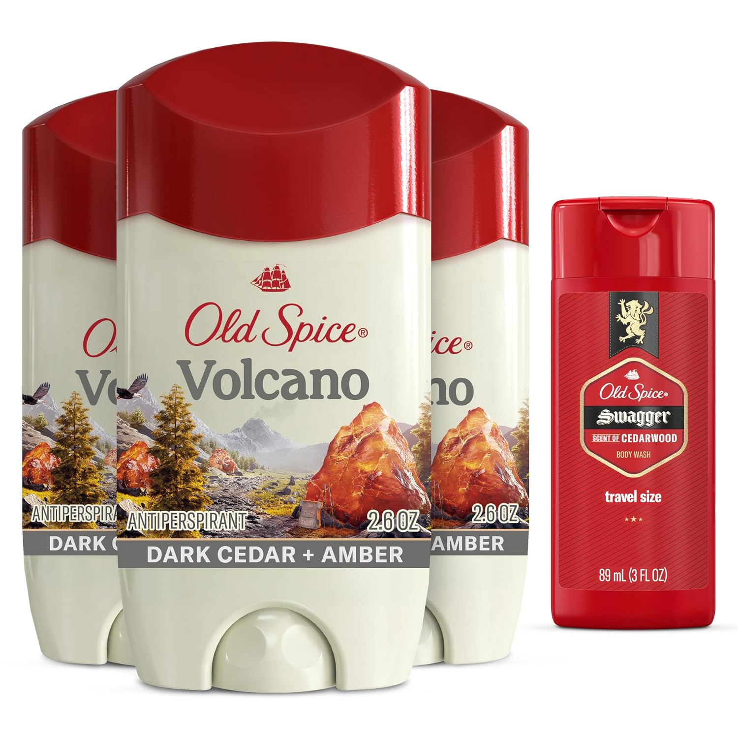 Old Spice Men's Antiperspirant & Deodorant Volcano with Charcoal, 2.6oz (Pack of 3) with Travel-Size Swagger Body Wash - Image 2